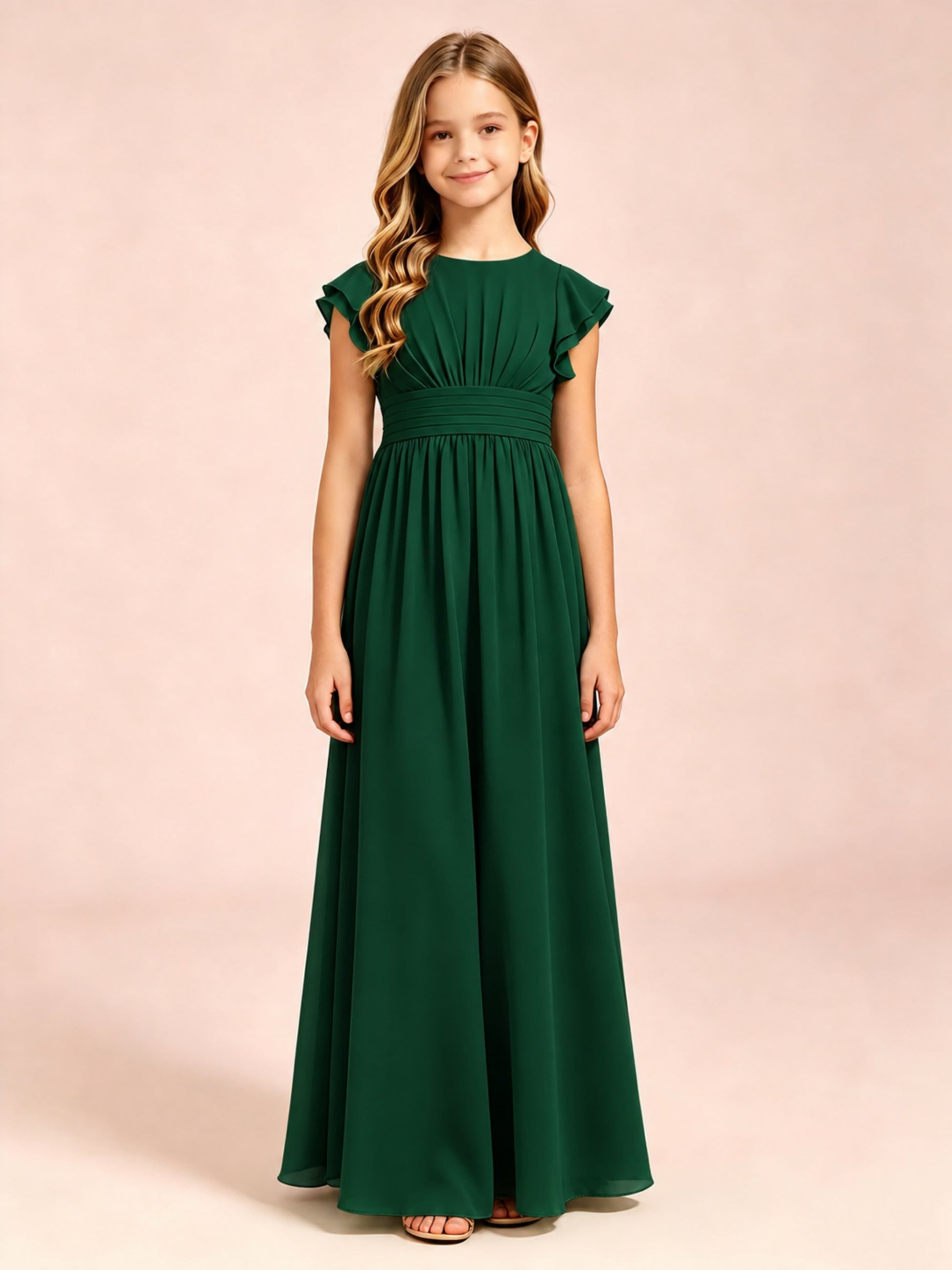 Chiffon Ruffle Cap Sleeve Junior Bridesmaid Dress for Wedding