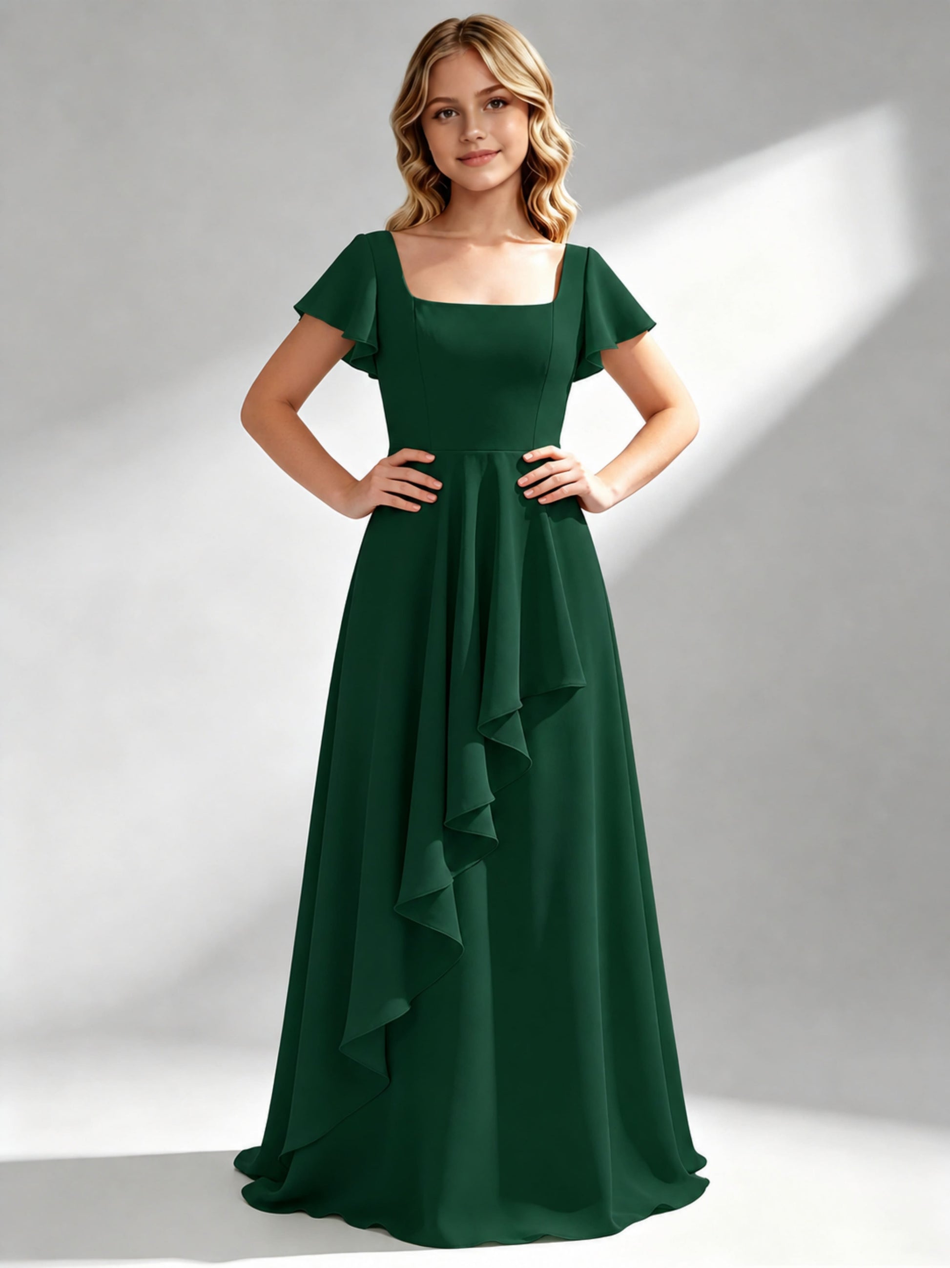 A-Line Square Neck Ruffle Junior Bridesmaid Dresses