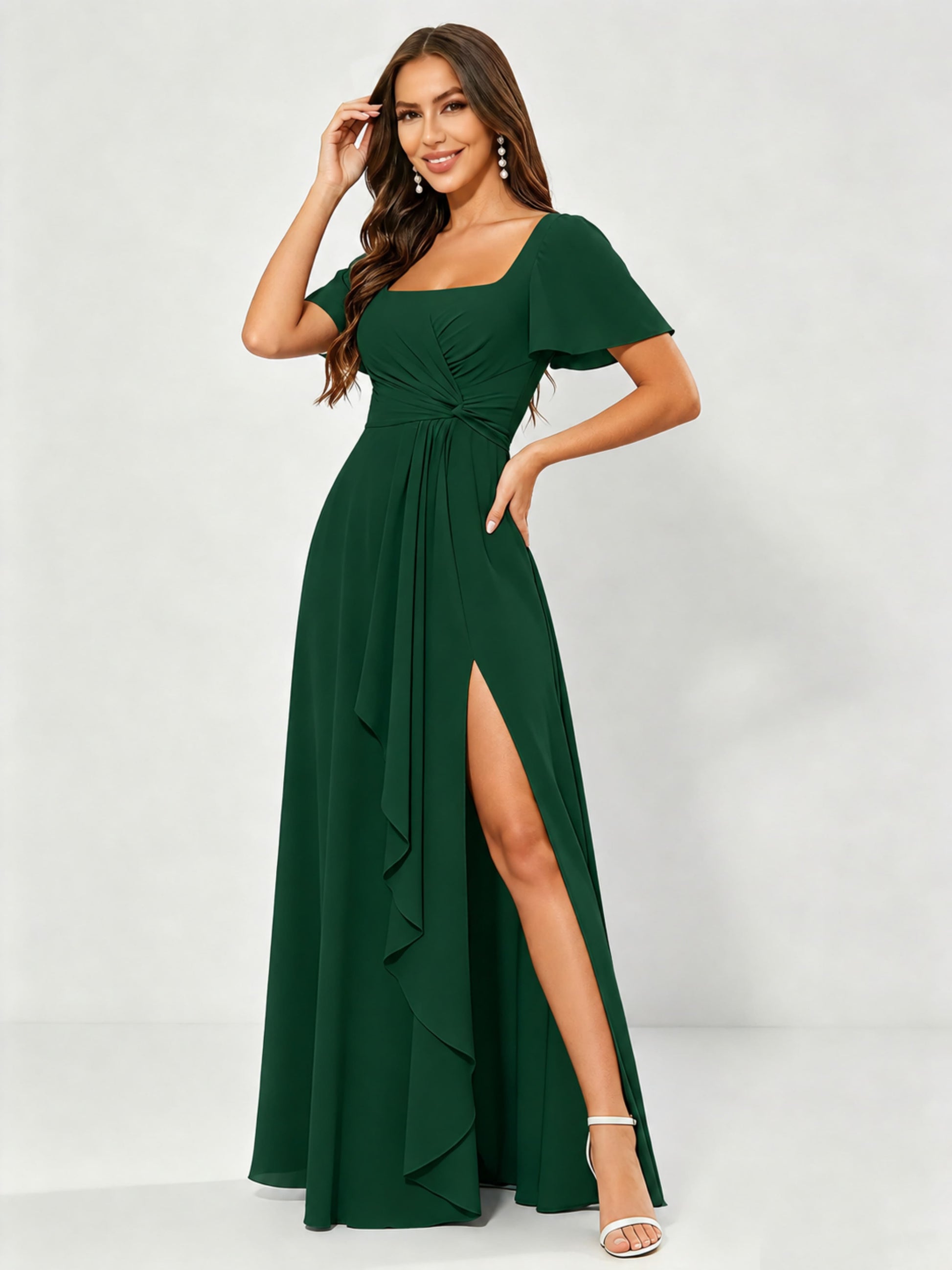 Square Neck Chiffon Ruffle Bridesmaid Dress with Slit