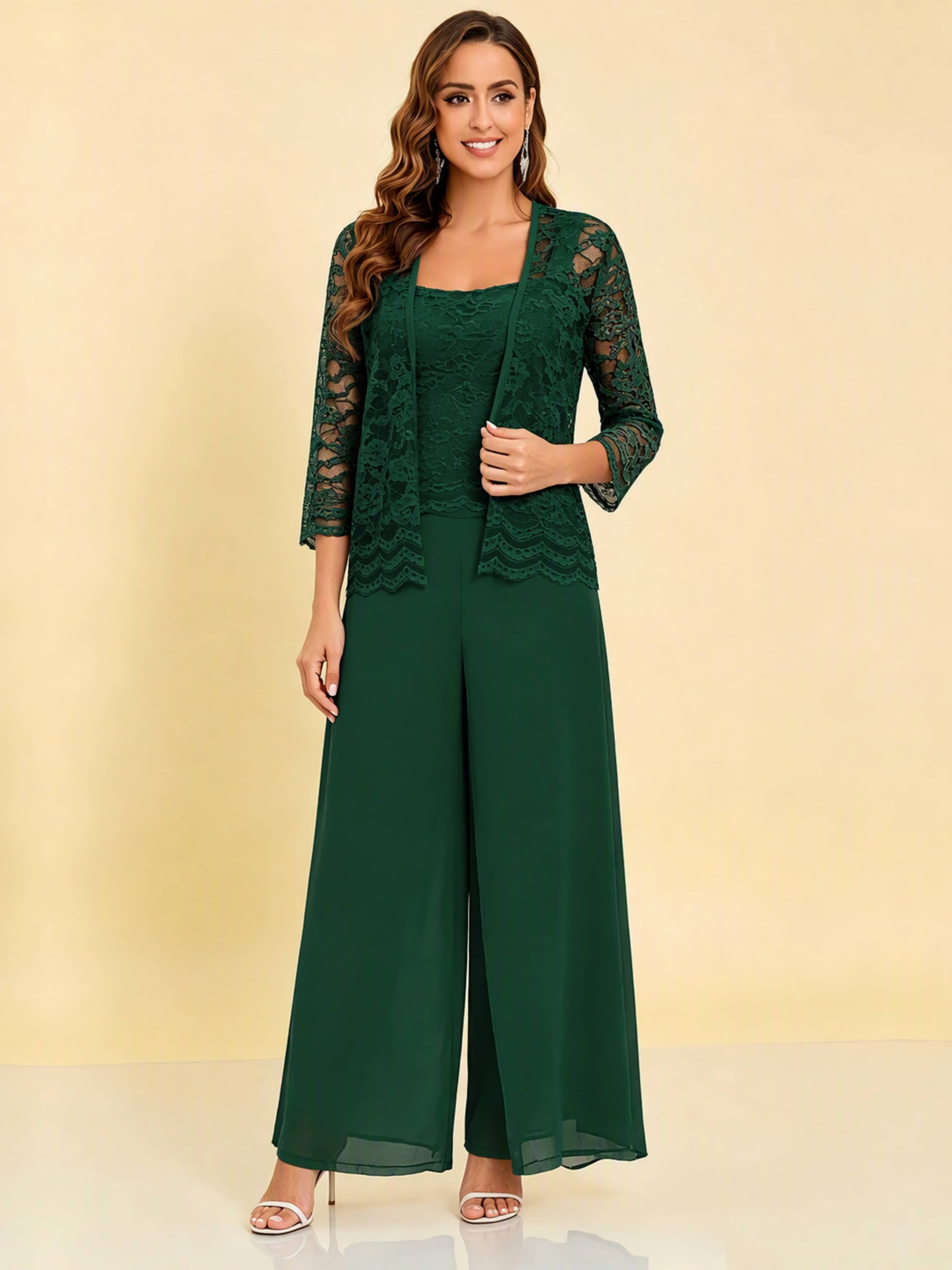Chiffon Lace Flowy 3 Pieces Mother of The Bride Pant Suits Women Wedding