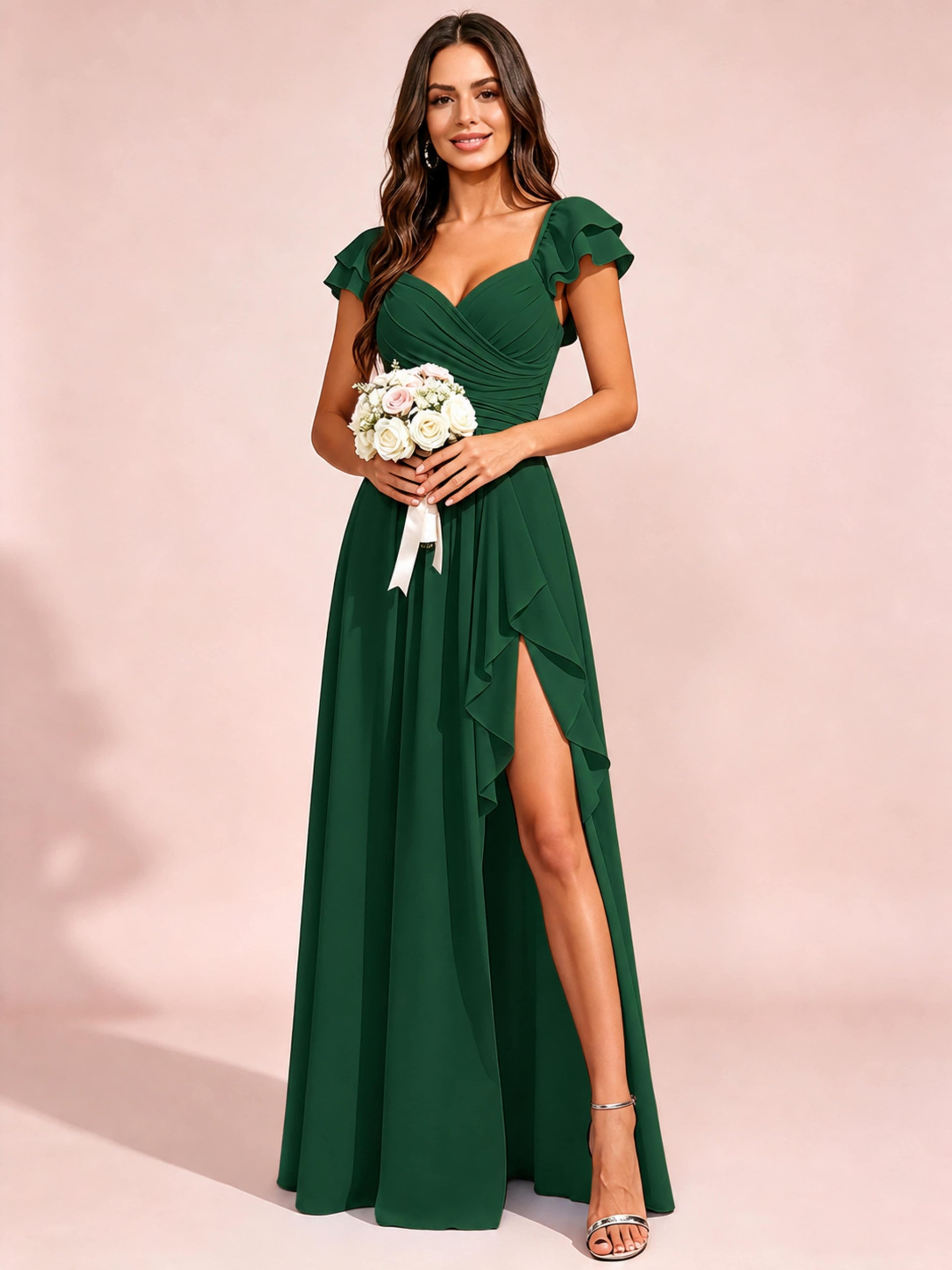 Chiffon Sweetheart Neck Ruched Bust Bridesmaid Dresses with Ruffle Slit
