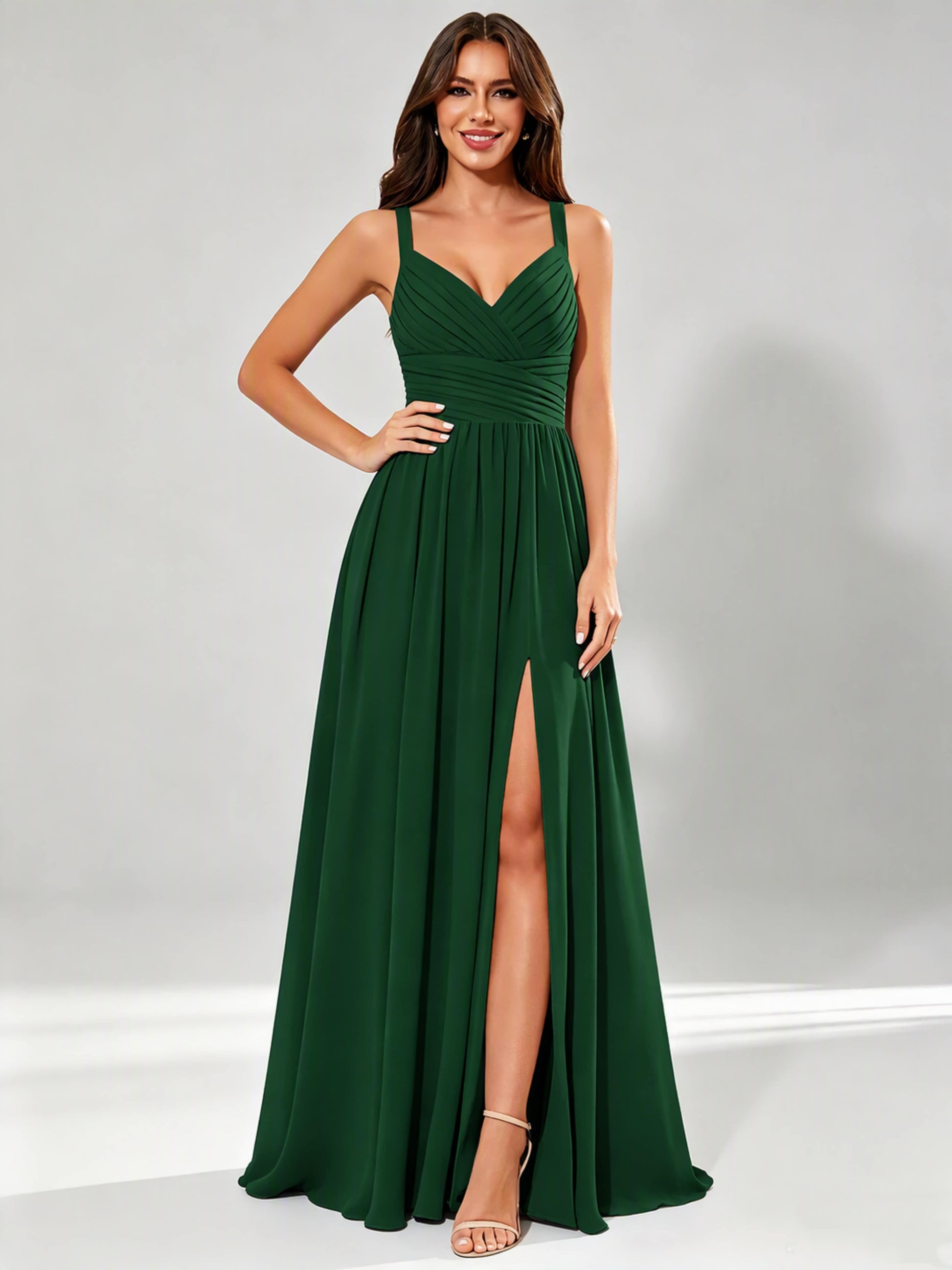 Spaghetti Straps Chiffon Ruched Bust Pleated Bridesmaid Dress for Wedding