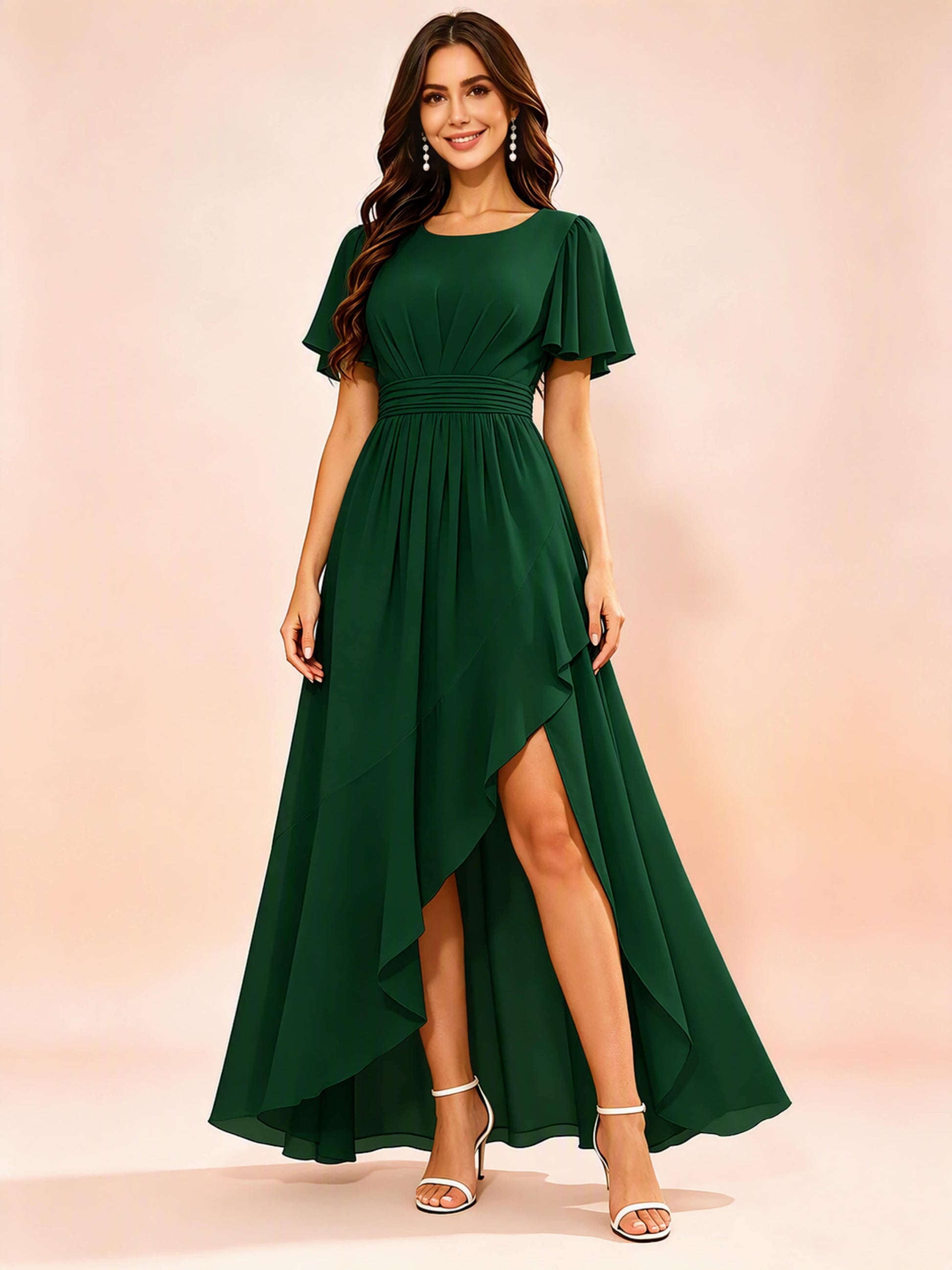 Chiffon High Low Round Neck Bridesmaid / Wedding Guest Dresses