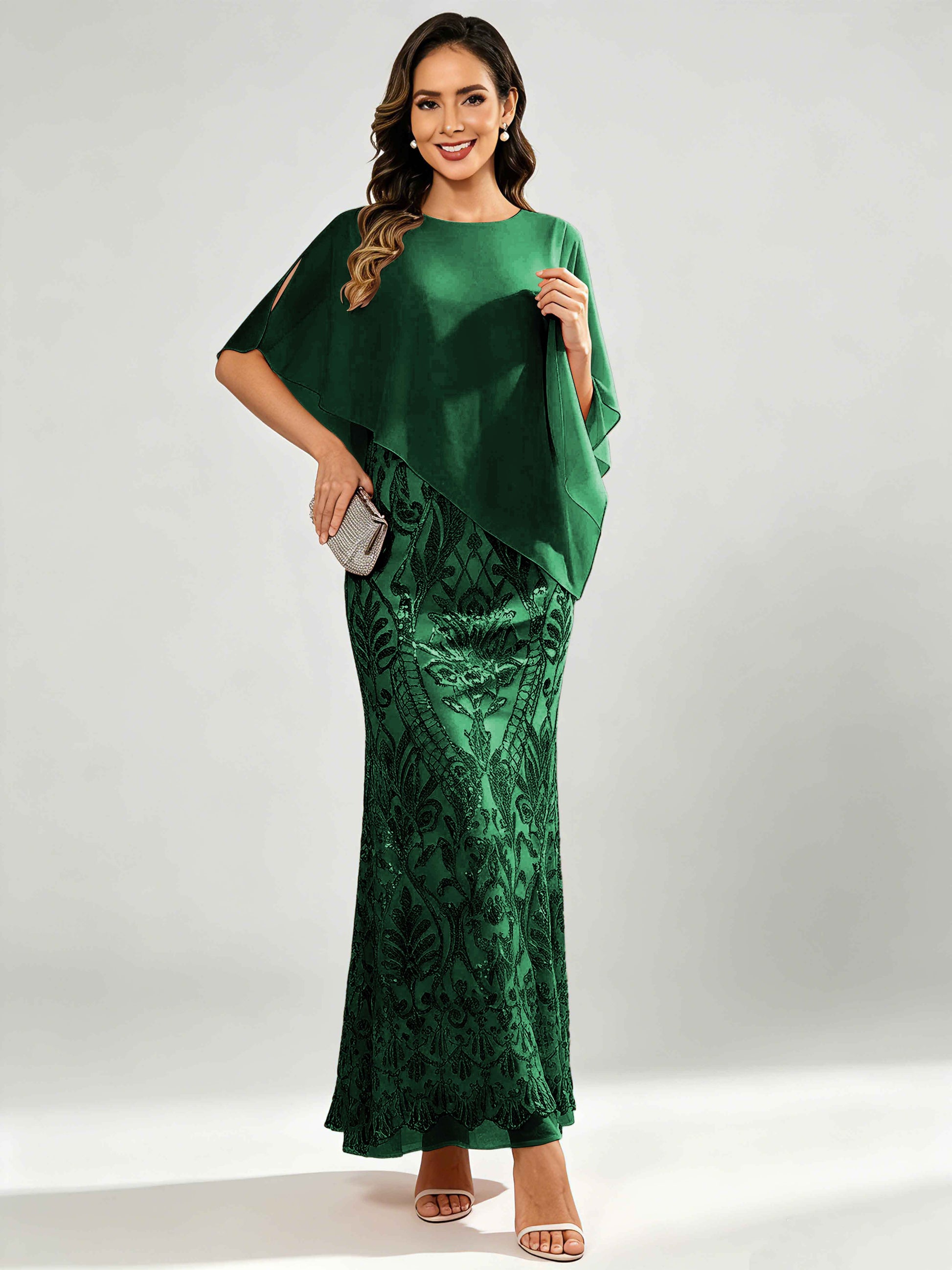 Mermaid Sequin Mother of The Bride Dress with Chiffon Cape