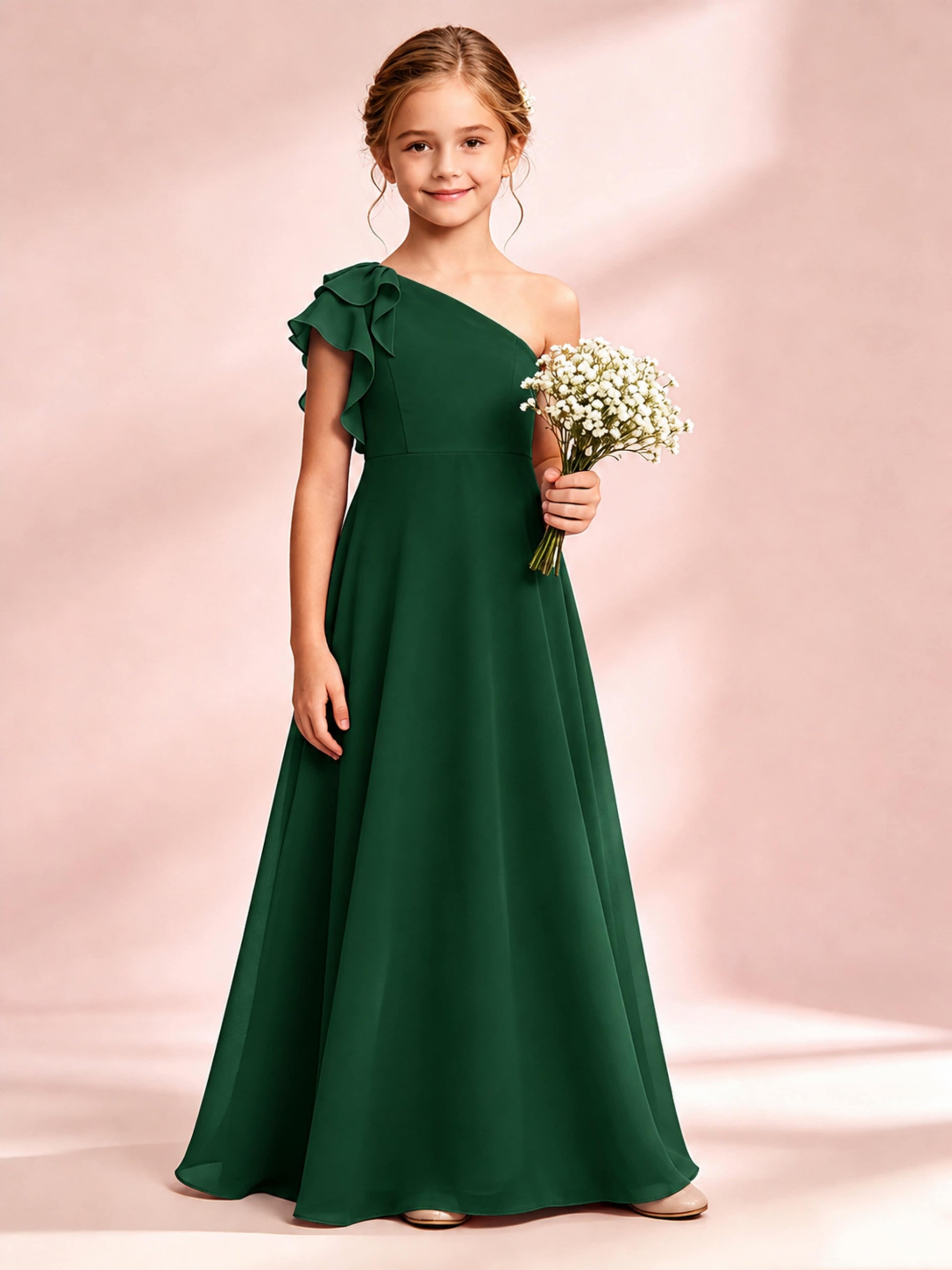 Chiffon Junior Bridesmaid Dress for Wedding One Shoulder Flower Girl Dresses