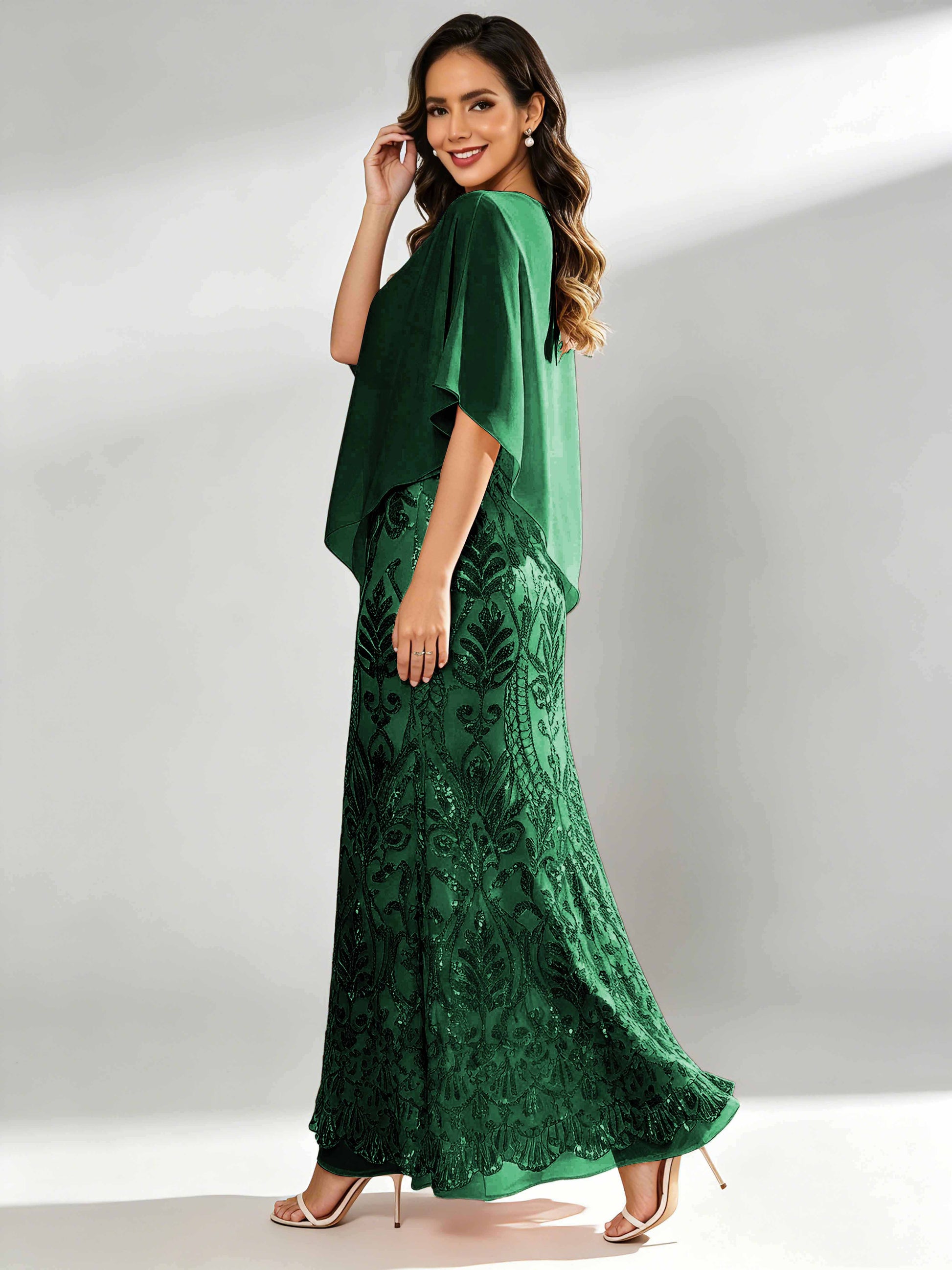 Mermaid Sequin Mother of The Bride Dress with Chiffon Cape