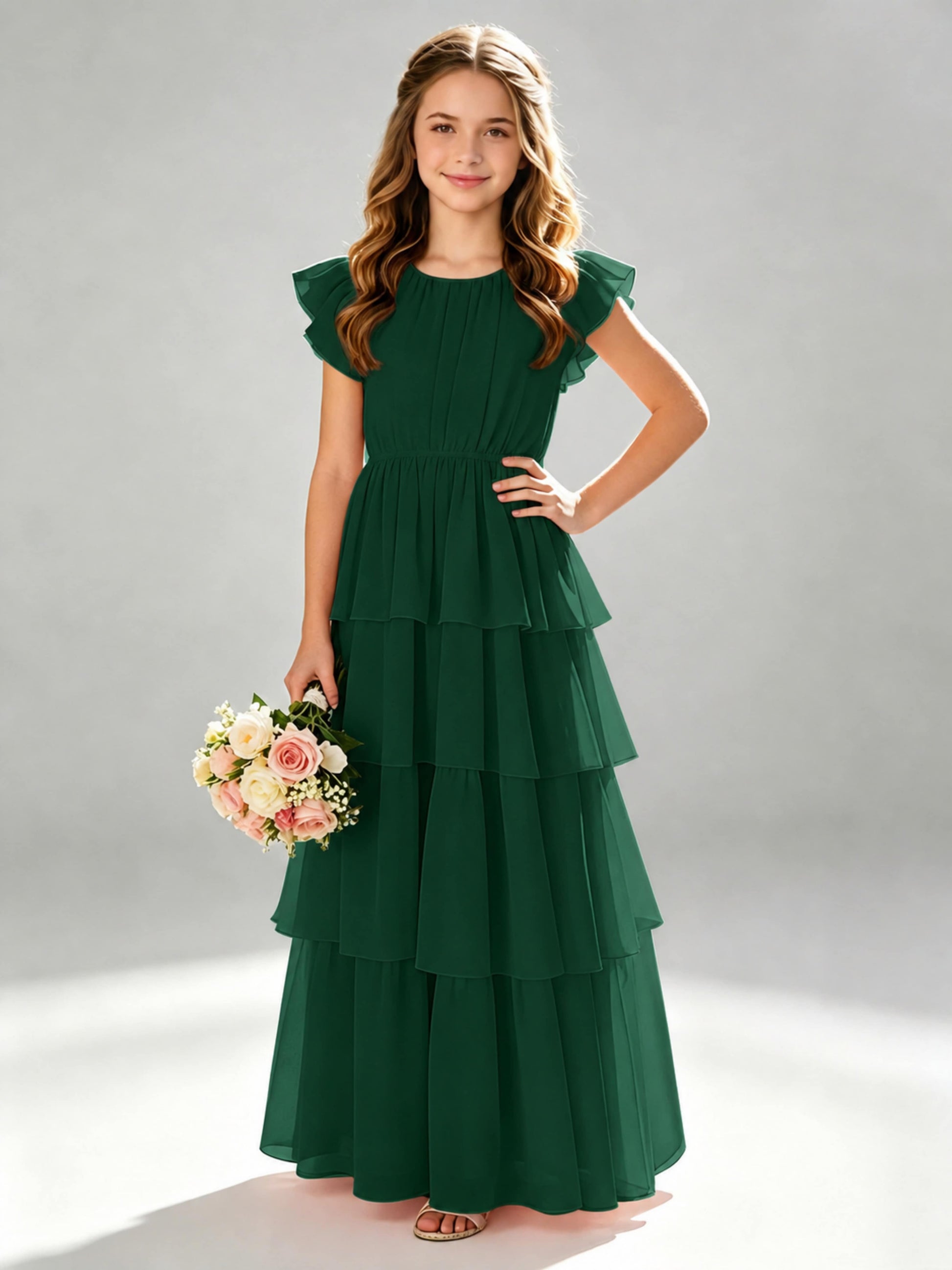 Chiffon Tiered Pleated Long Junior Bridesmaid Dresses