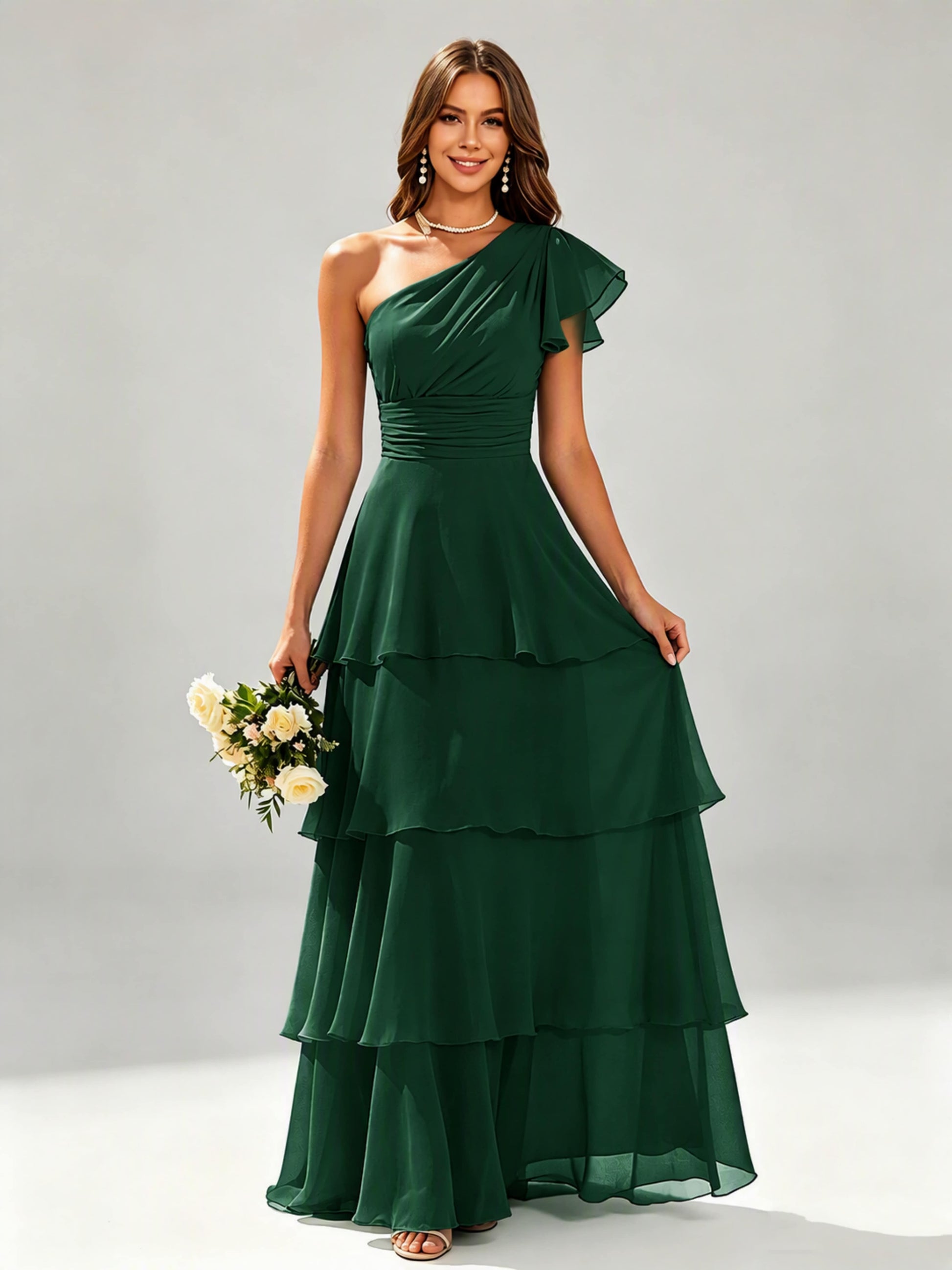 One Shoulder Ruffle Tiered Chiffon Bridesmaid Dress for Wedding