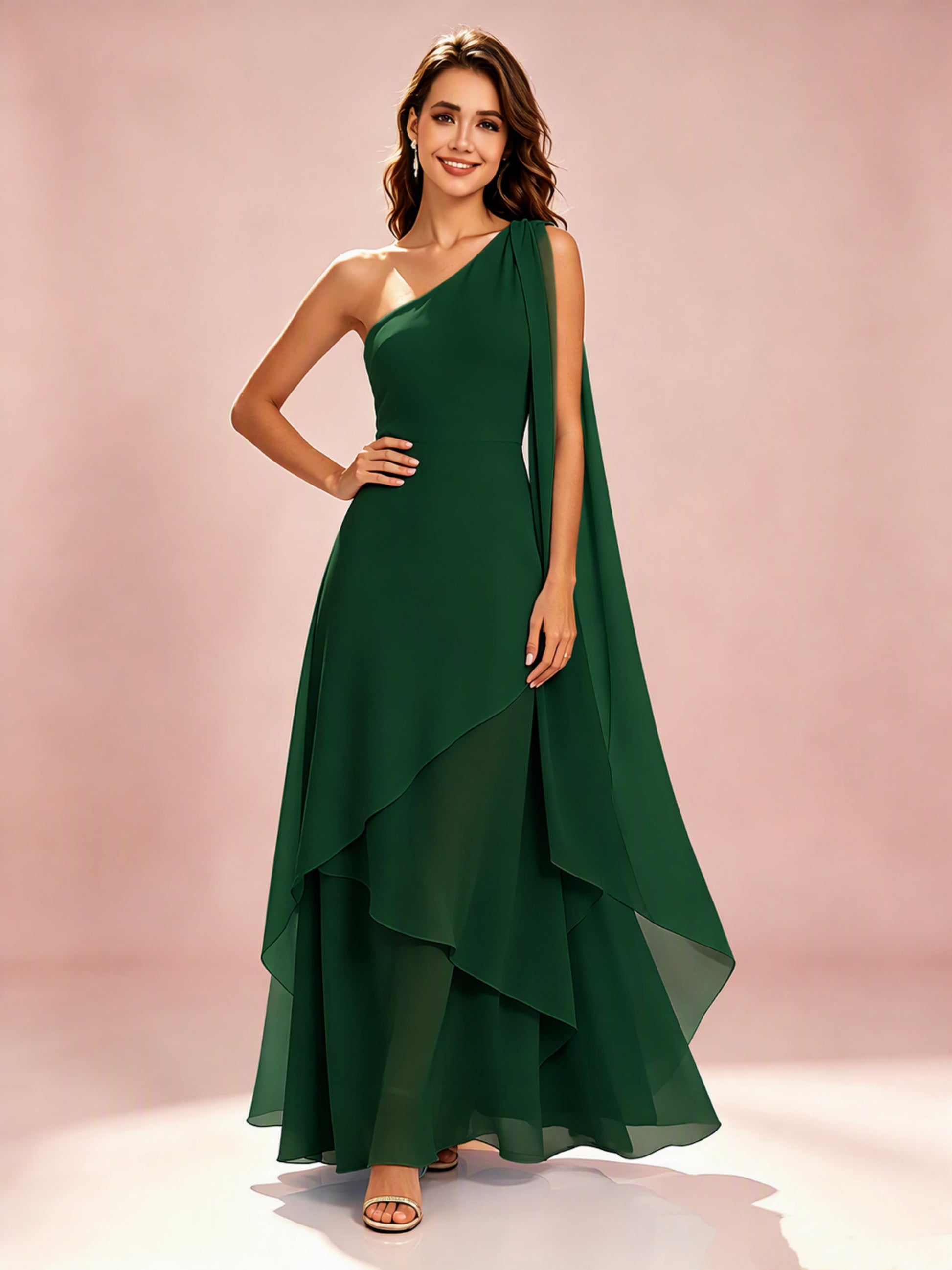 One Shoulder Chiffon Tiered Layered Bridesmaid Dresses for Wedding