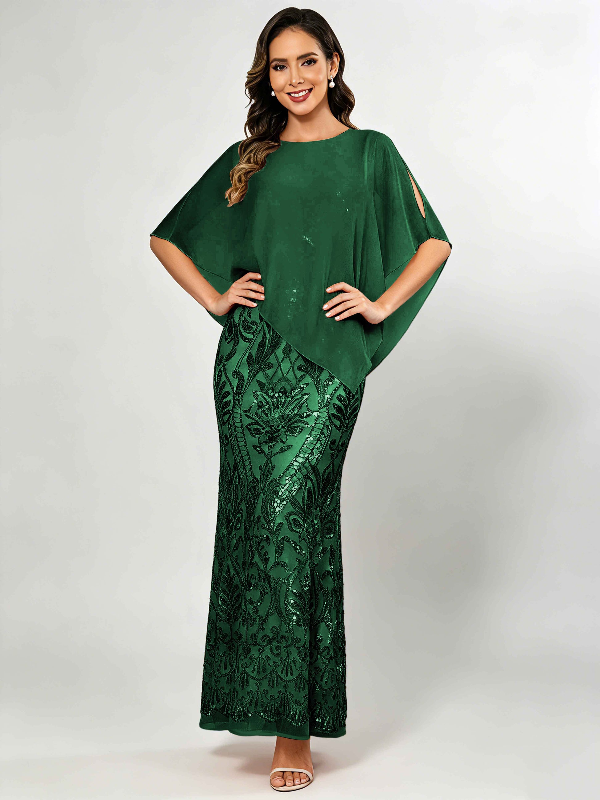 Mermaid Sequin Mother of The Bride Dress with Chiffon Cape