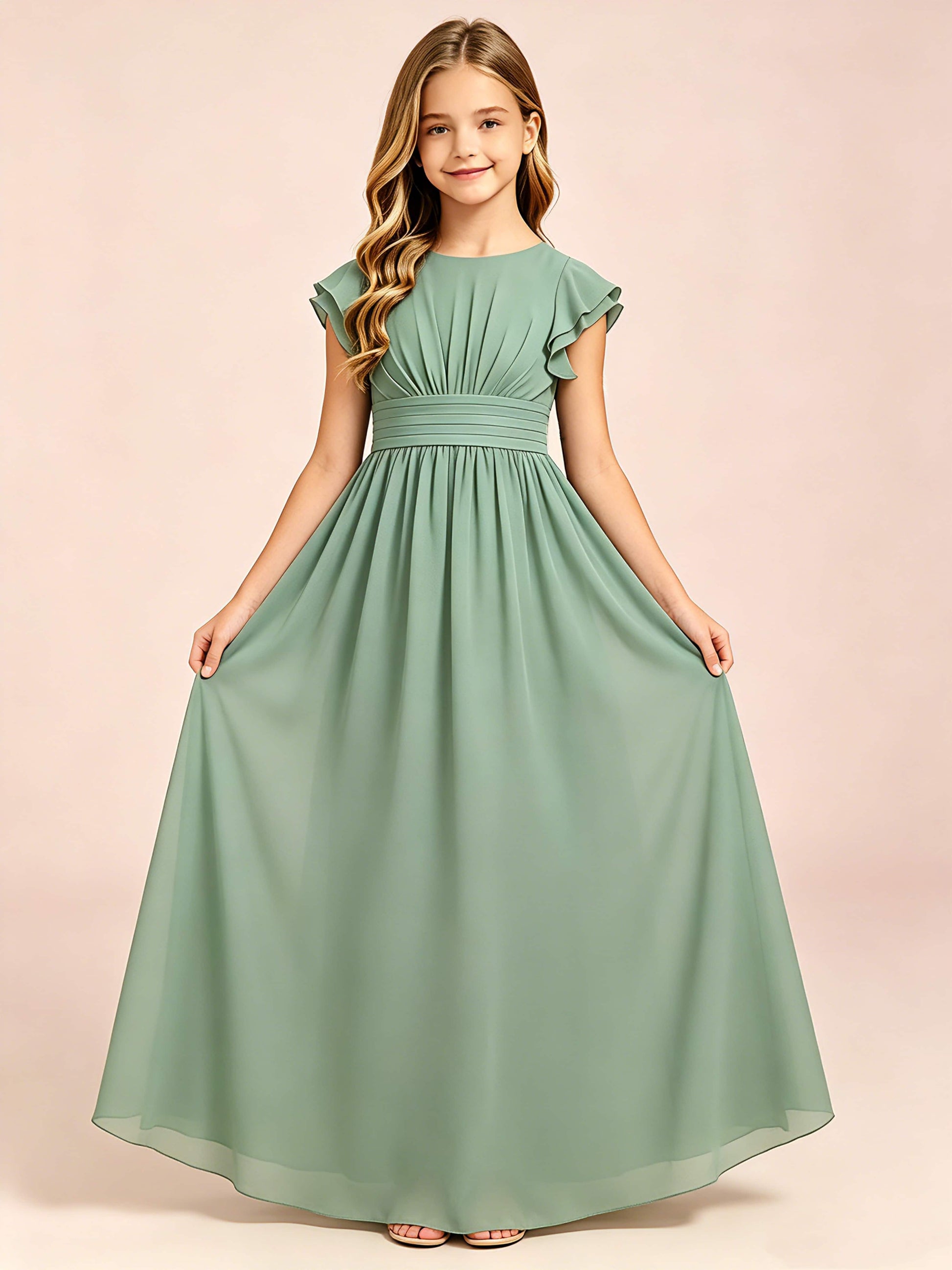 Chiffon Ruffle Cap Sleeve Junior Bridesmaid Dress for Wedding