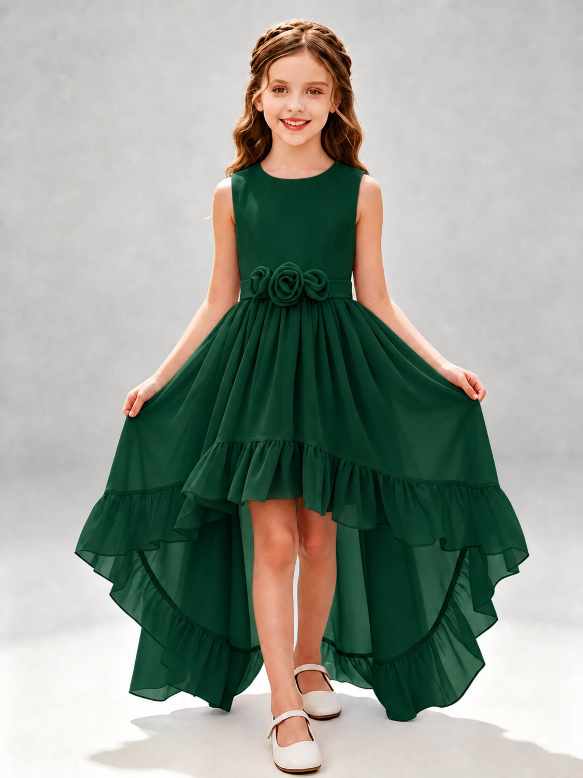 Chiffon 3D Flower High Low Junior Bridesmaid Dresses