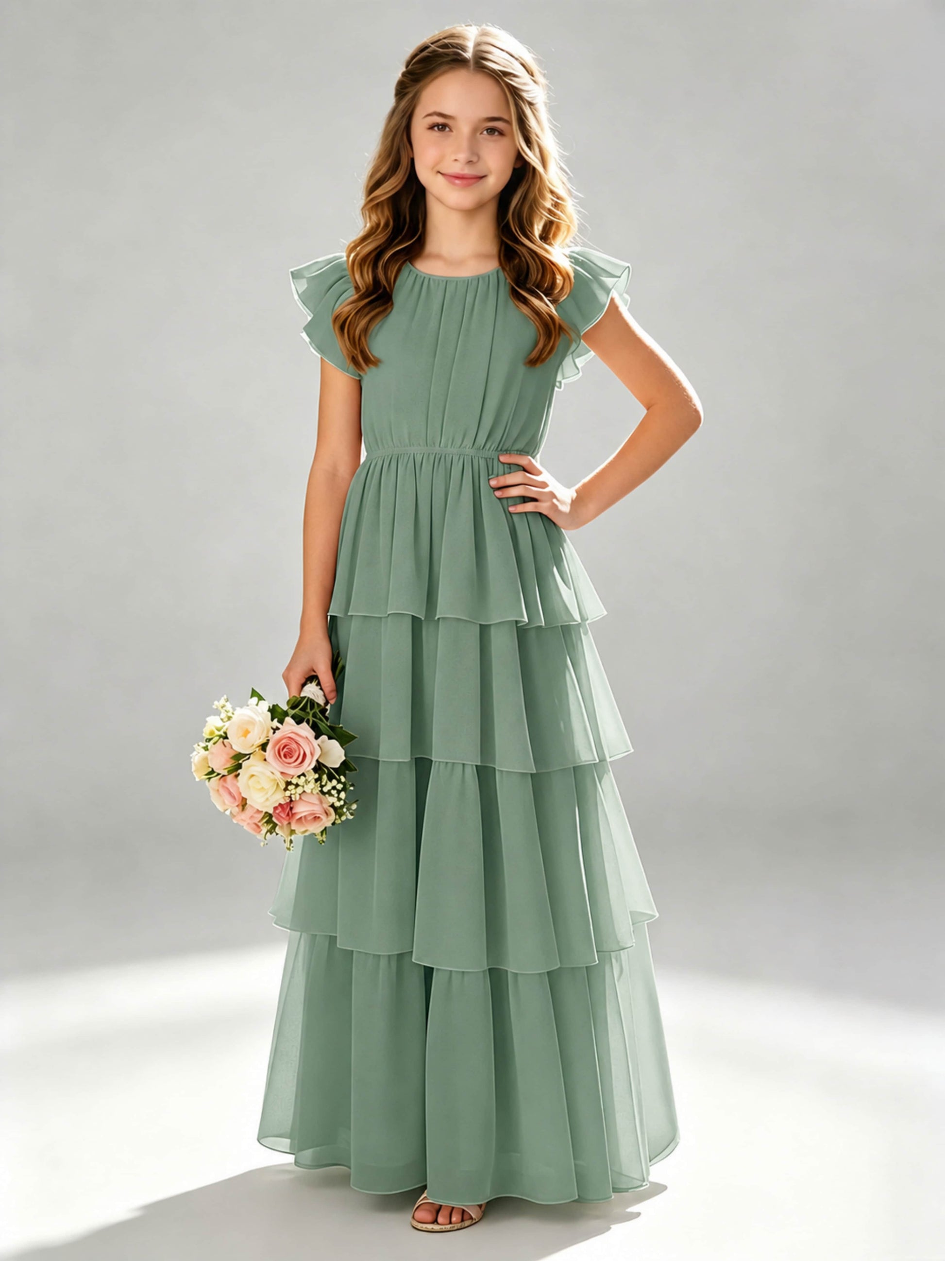 Chiffon Tiered Pleated Long Junior Bridesmaid Dresses