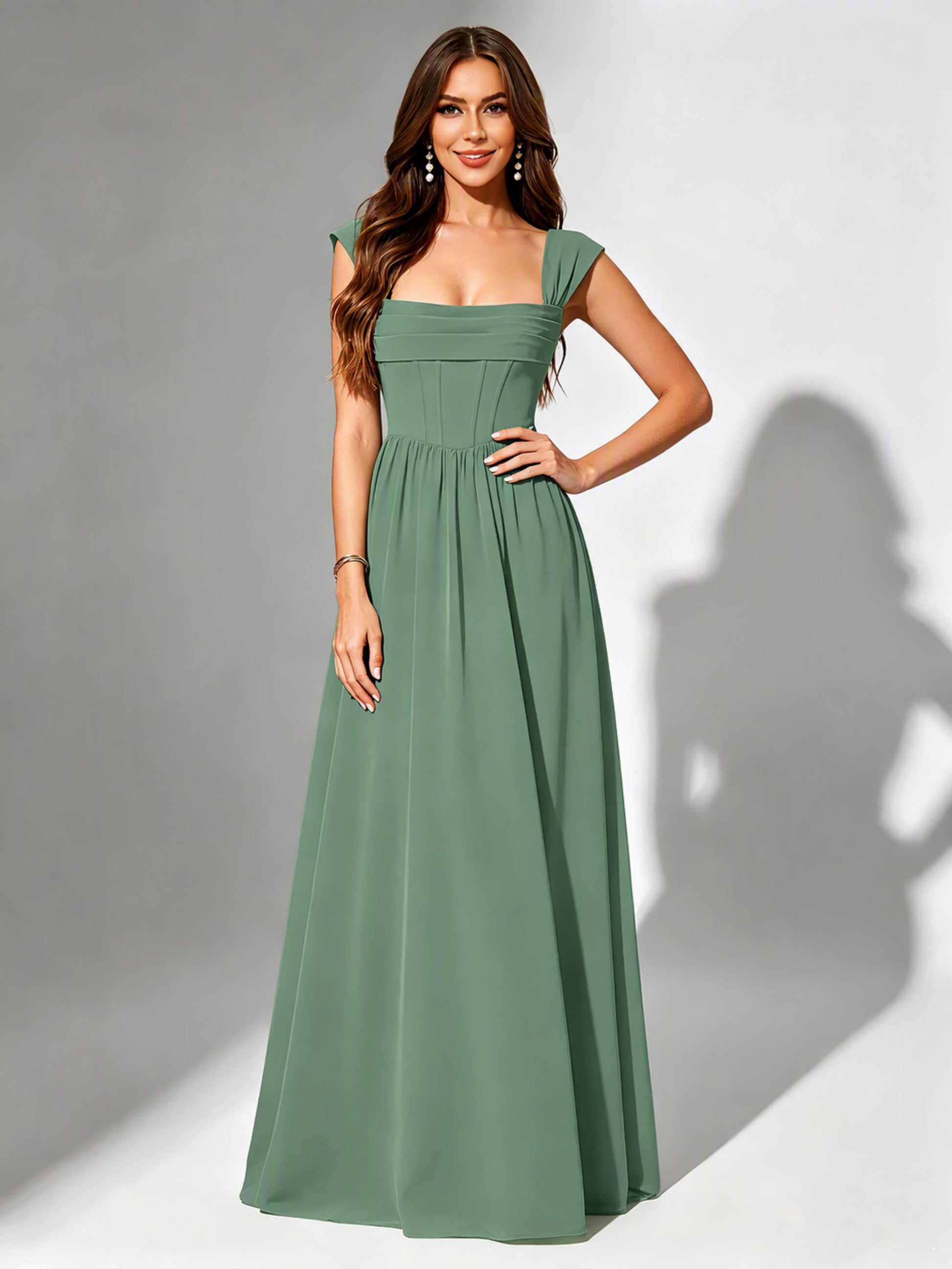 Square Neck Chiffon Bridesmaid Dress Corset Formal Gown