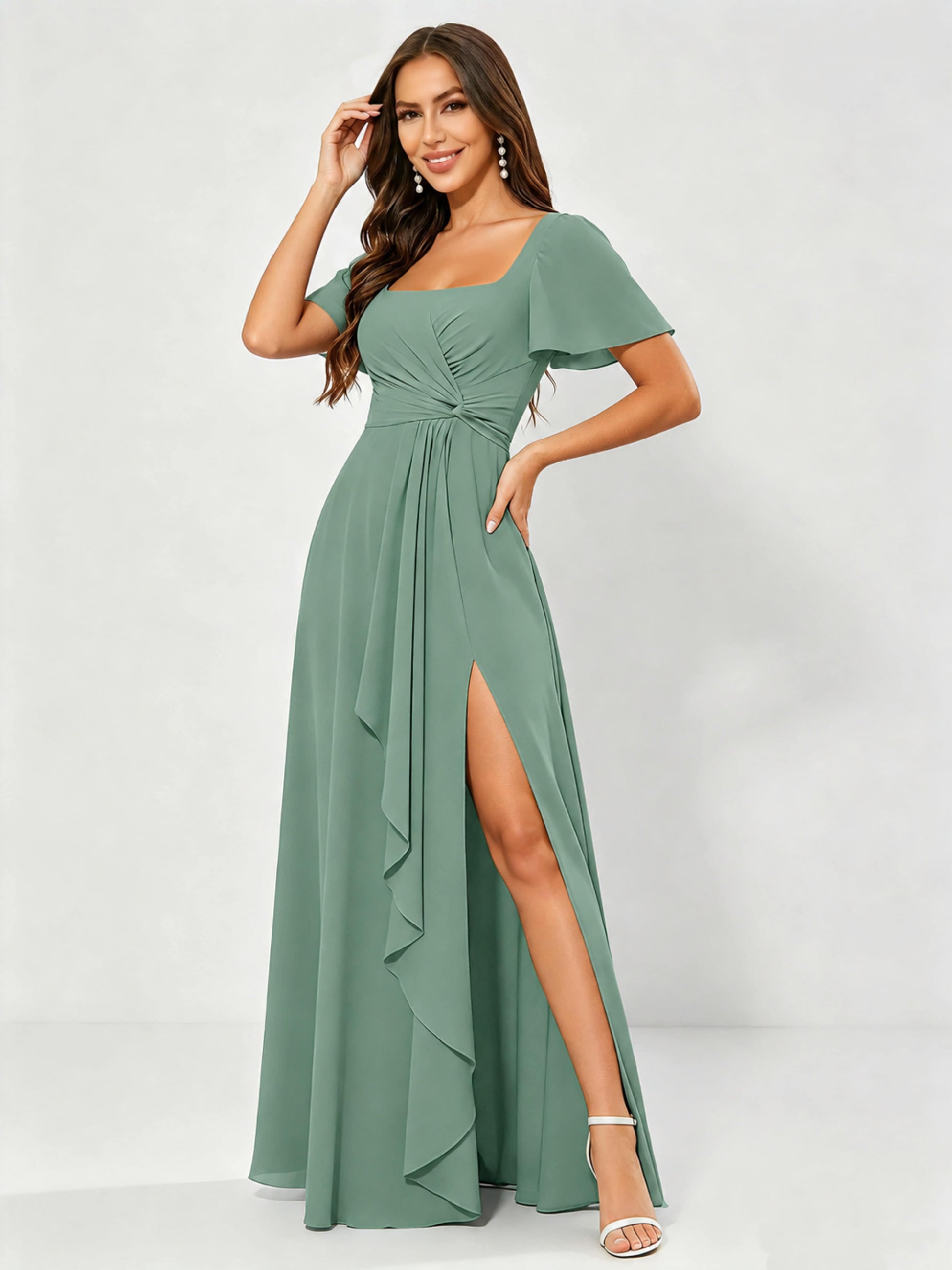 Square Neck Chiffon Ruffle Bridesmaid Dress with Slit