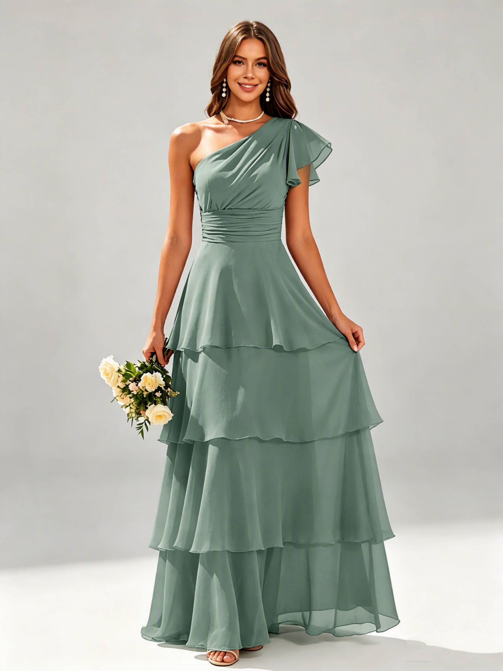 One Shoulder Ruffle Tiered Chiffon Bridesmaid Dress for Wedding