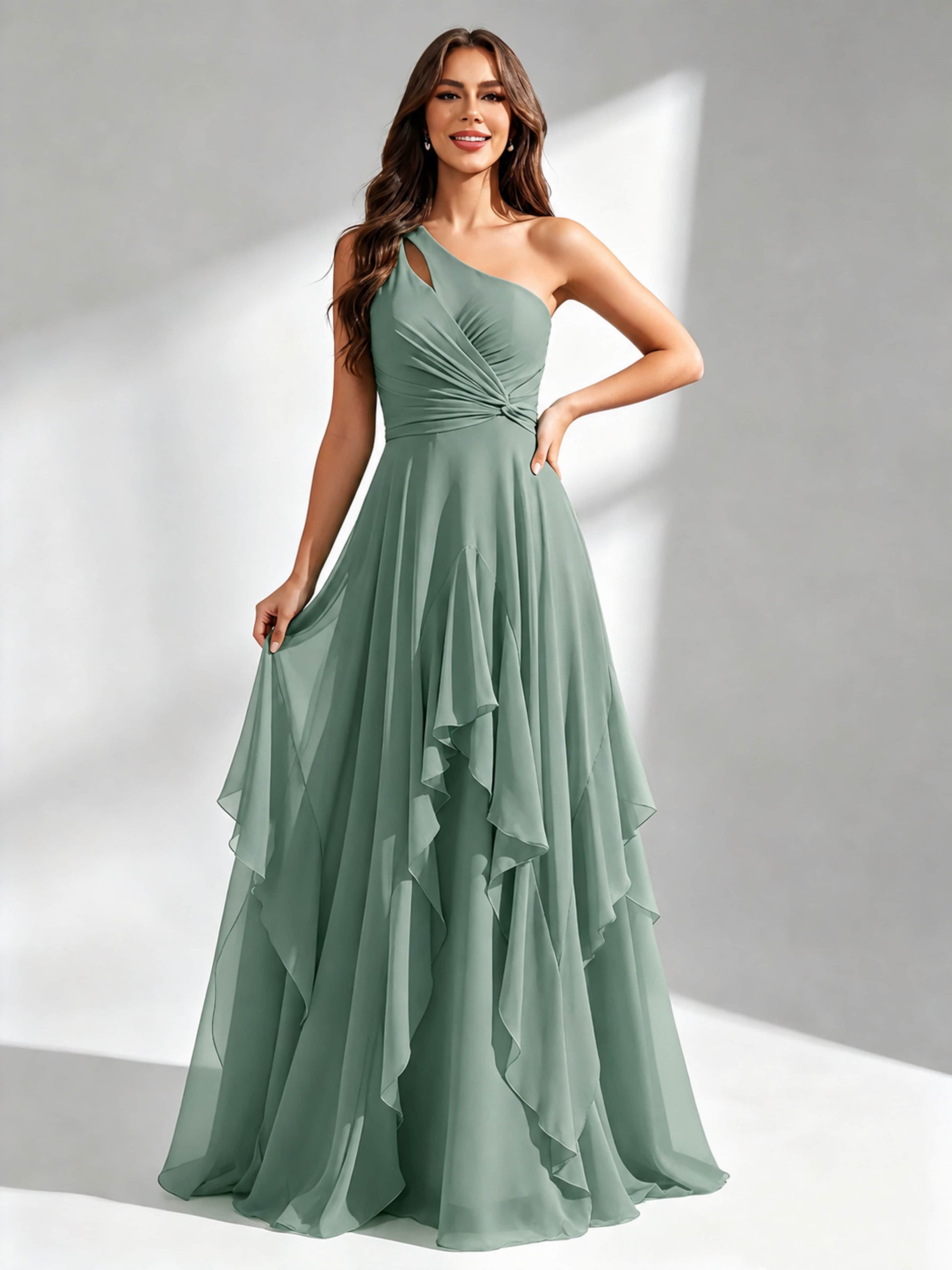 One Shoulder Ruffle Bridesmaid Dresses Formal Evening Gown