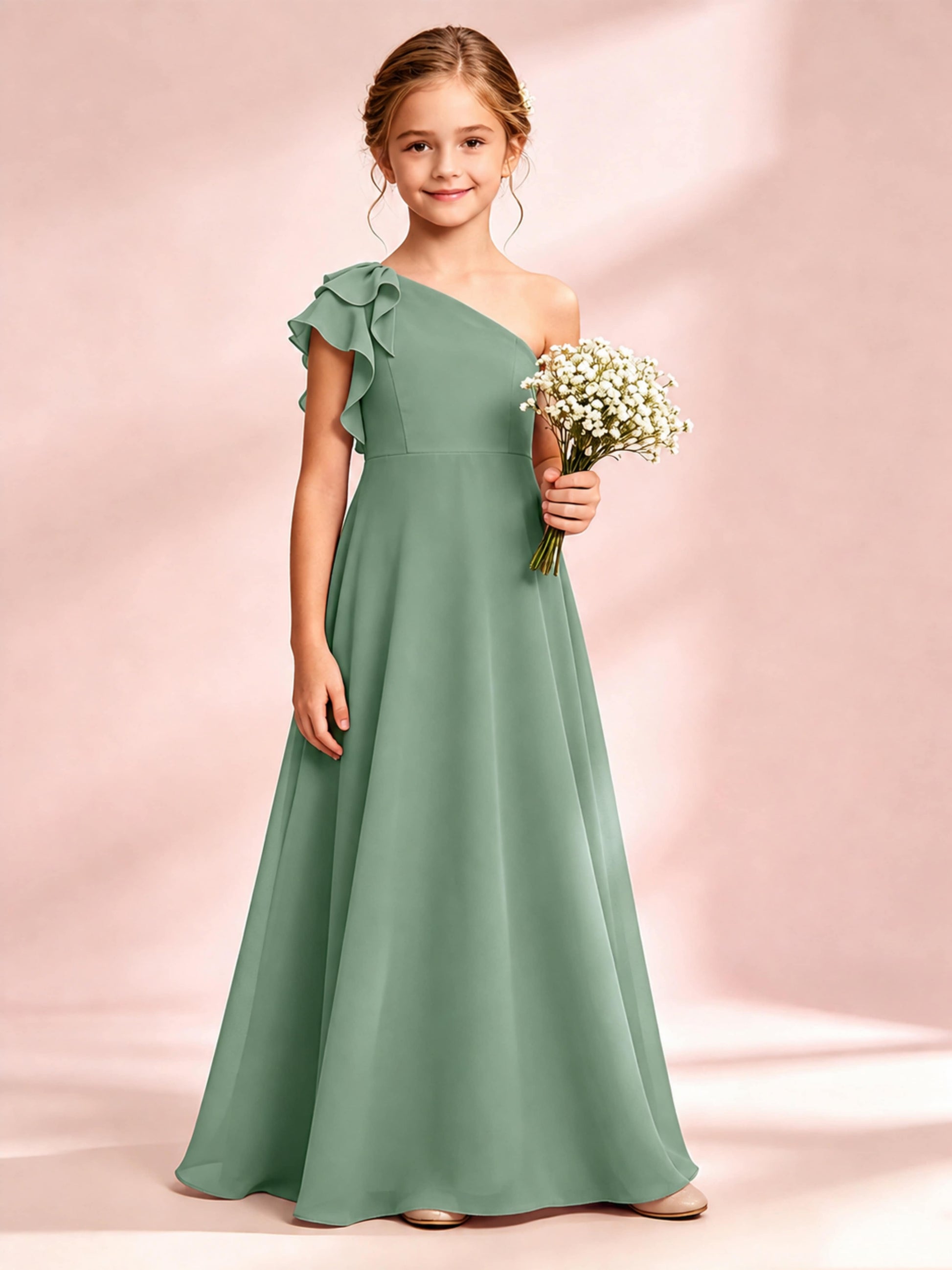 Chiffon Junior Bridesmaid Dress for Wedding One Shoulder Flower Girl Dresses