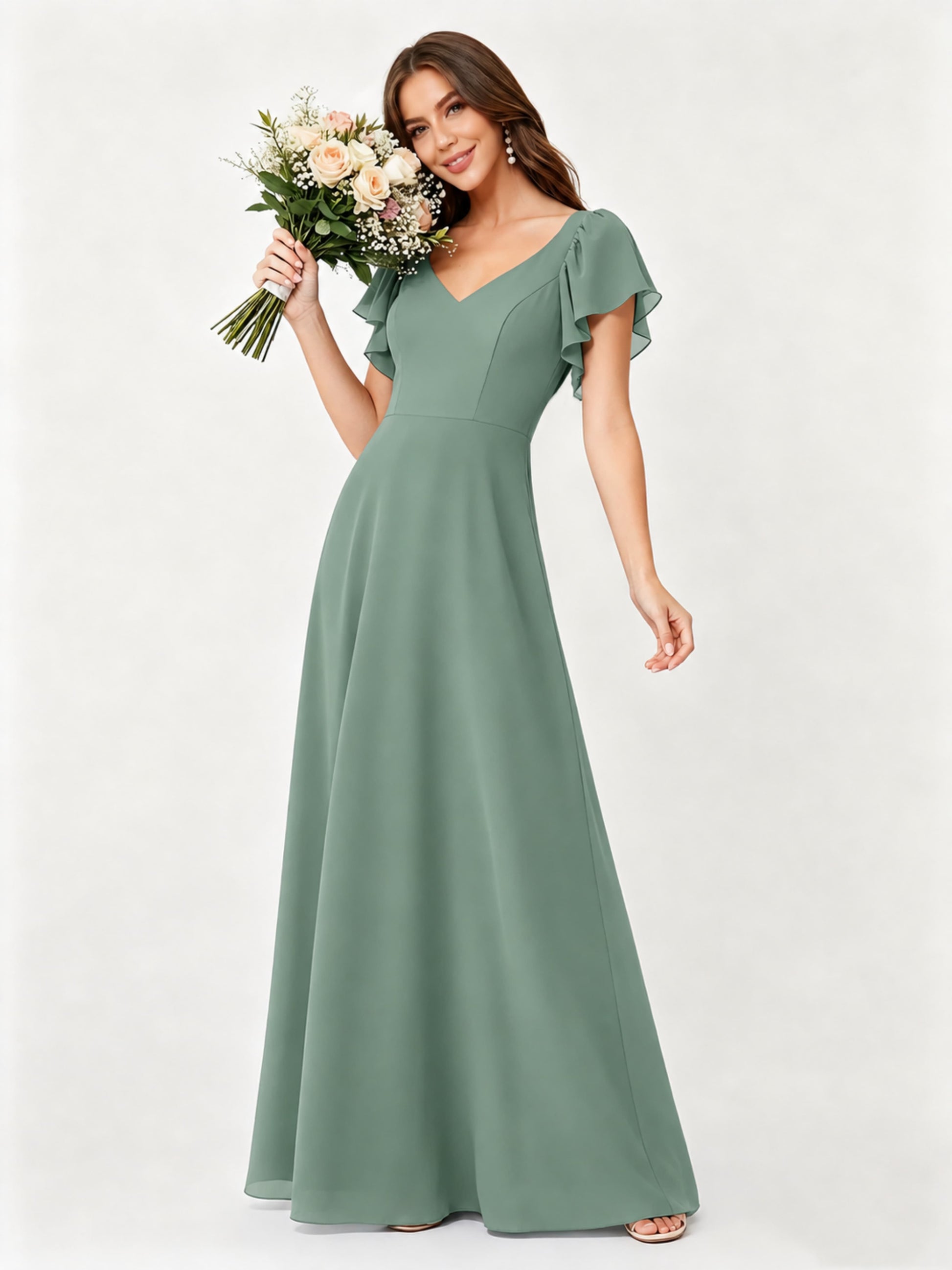 Ruffle Sleeve Chiffon Bridesmaid Dresses for Women Wedding
