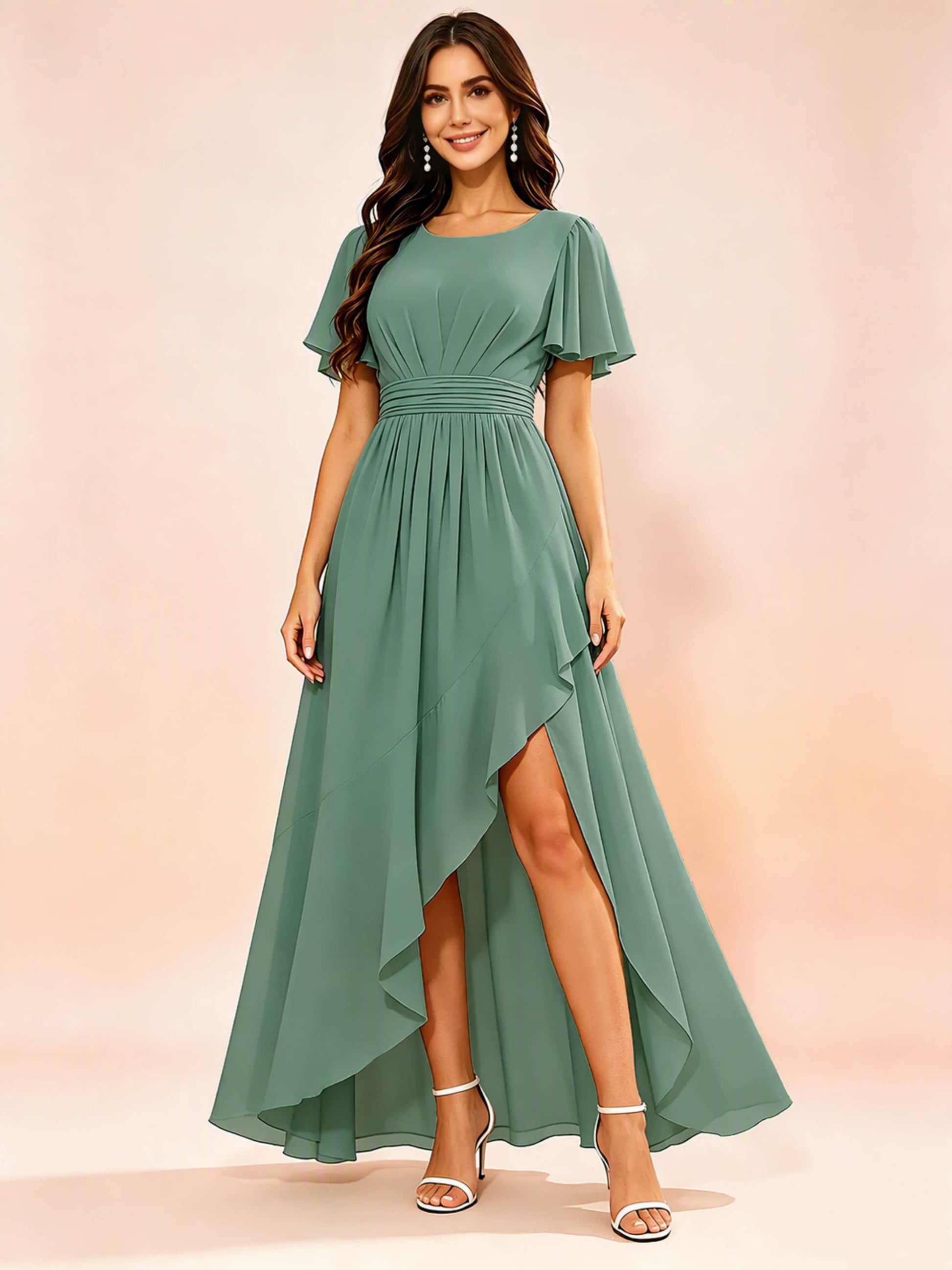 Chiffon High Low Round Neck Bridesmaid / Wedding Guest Dresses