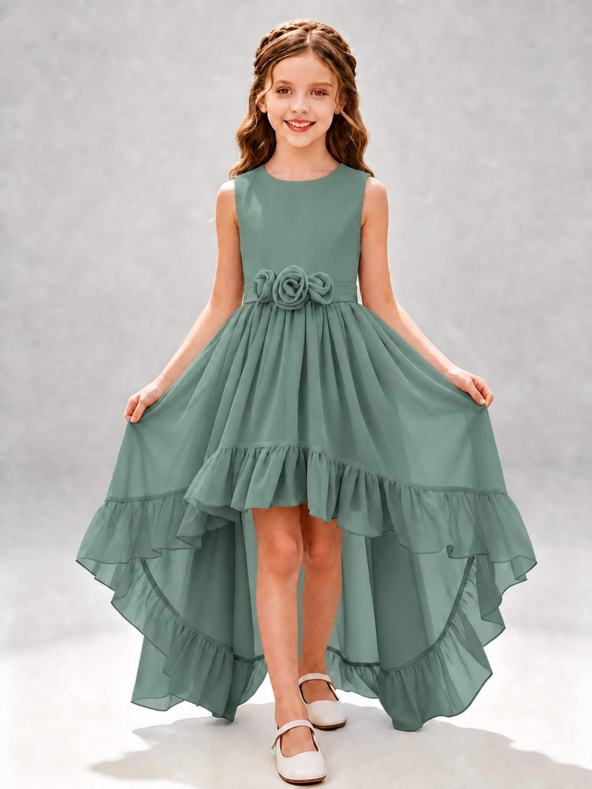 Chiffon 3D Flower High Low Junior Bridesmaid Dresses