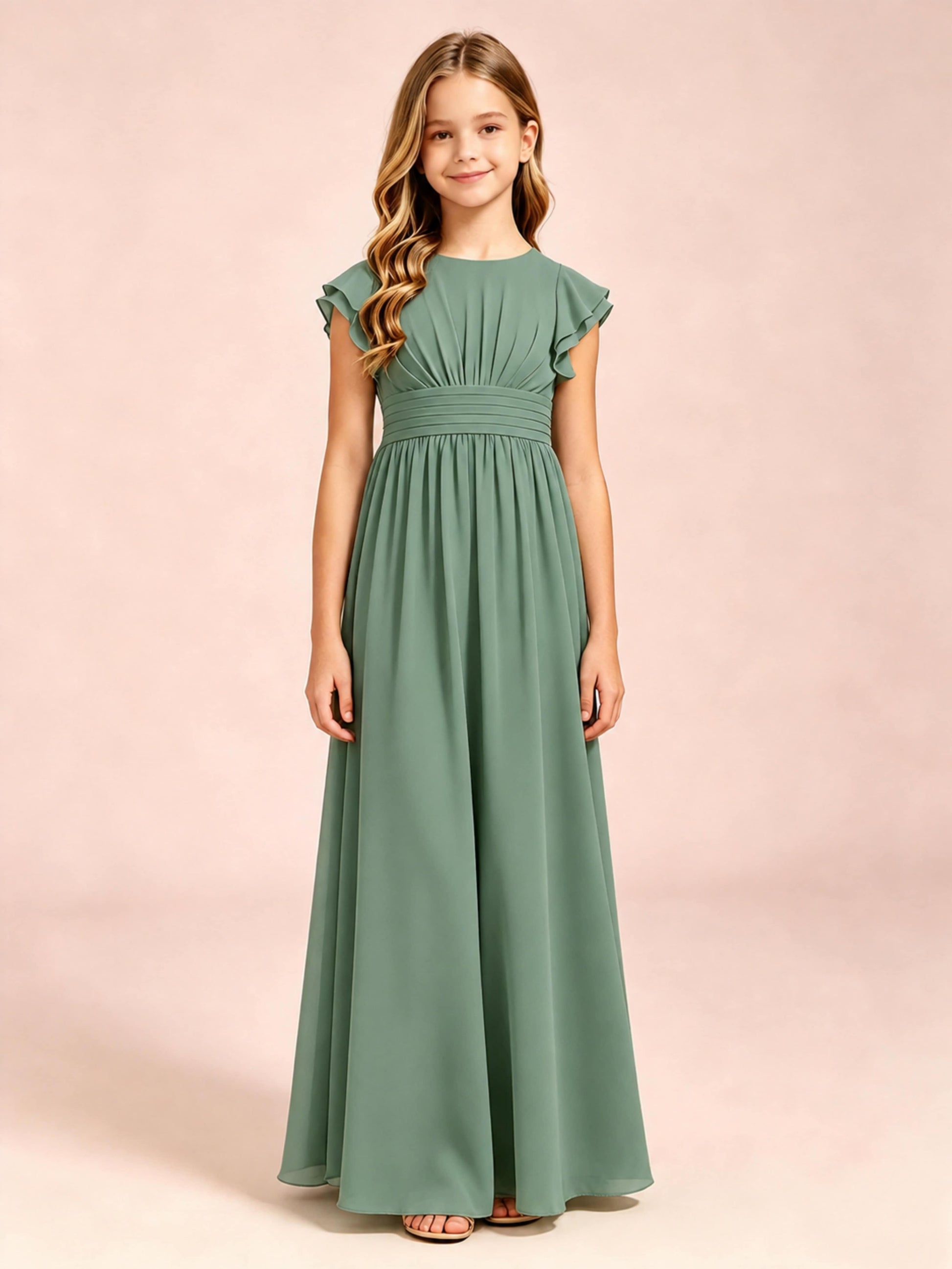 Chiffon Ruffle Cap Sleeve Junior Bridesmaid Dress for Wedding