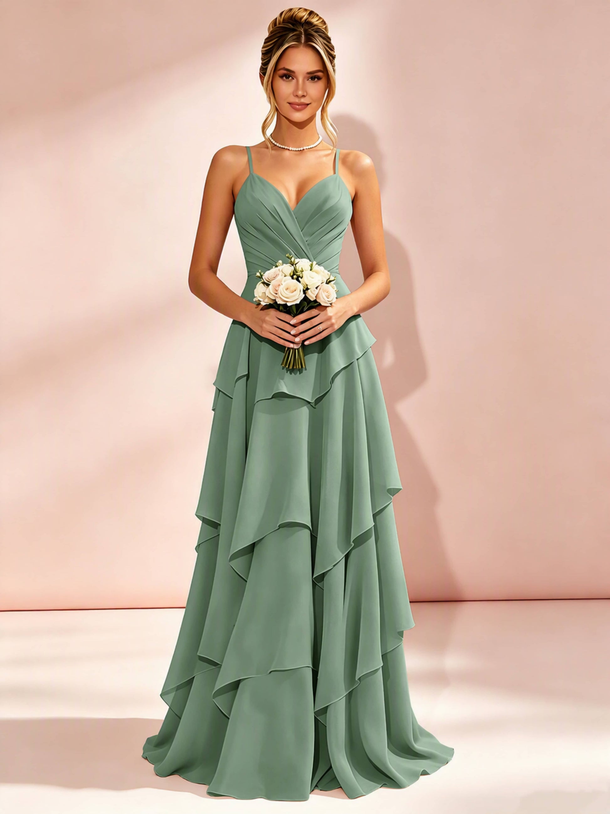 Spaghetti Straps Ruffle Tiered Chiffon Bridesmaid Dress for Wedding