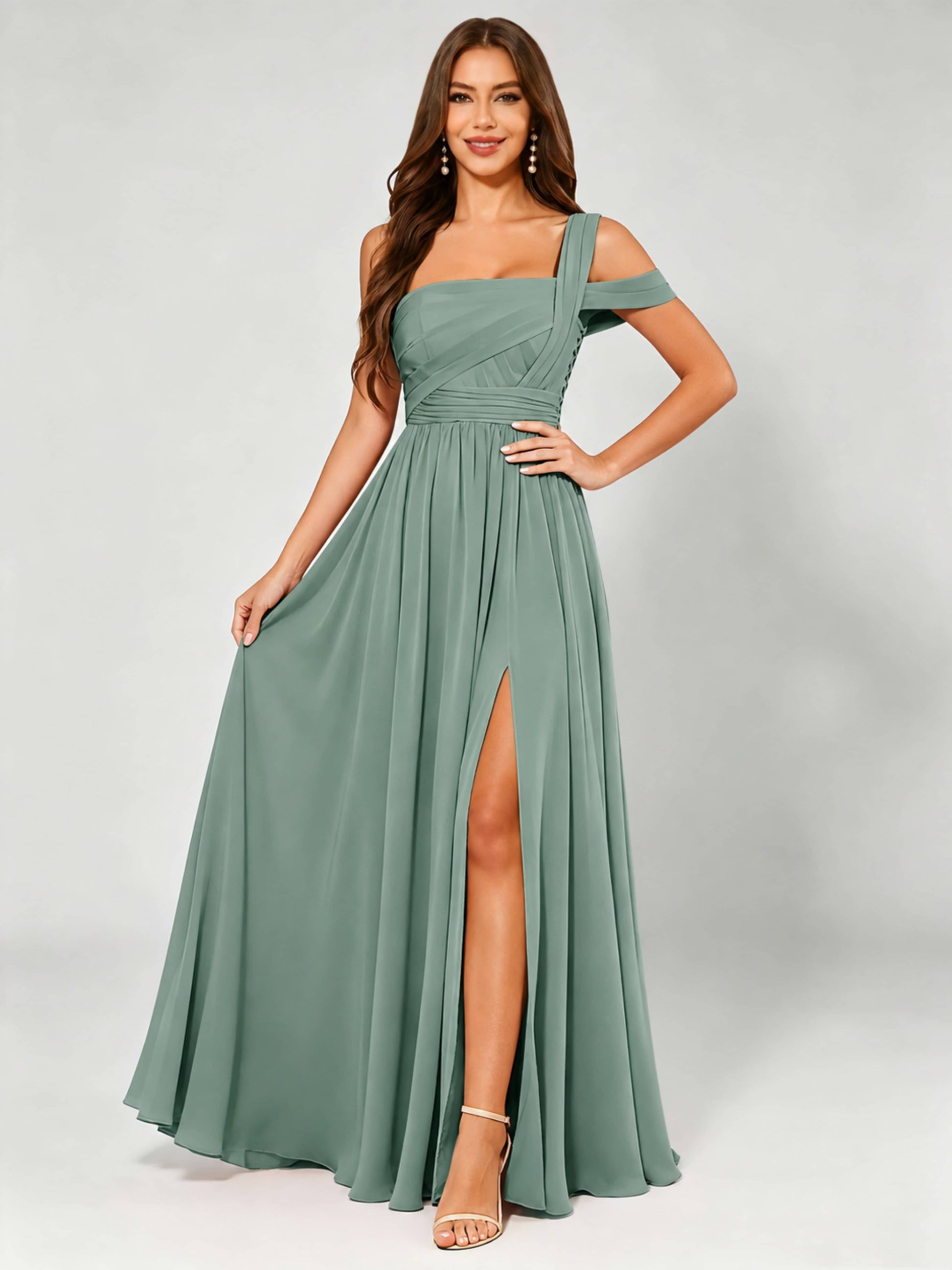 One Shoulder Chiffon Pleated Bridesmaid Dresses for Wedding