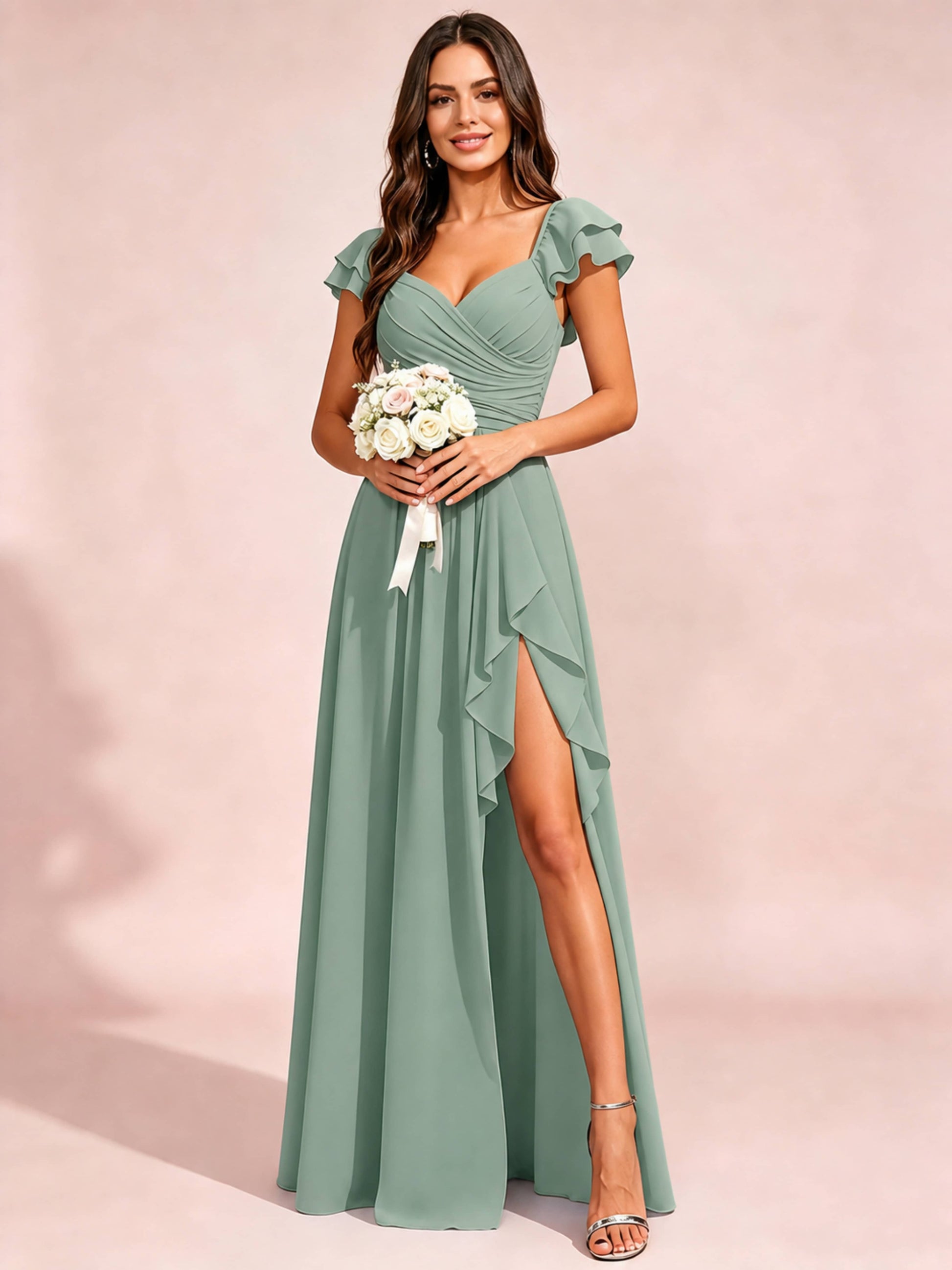 Chiffon Sweetheart Neck Ruched Bust Bridesmaid Dresses with Ruffle Slit