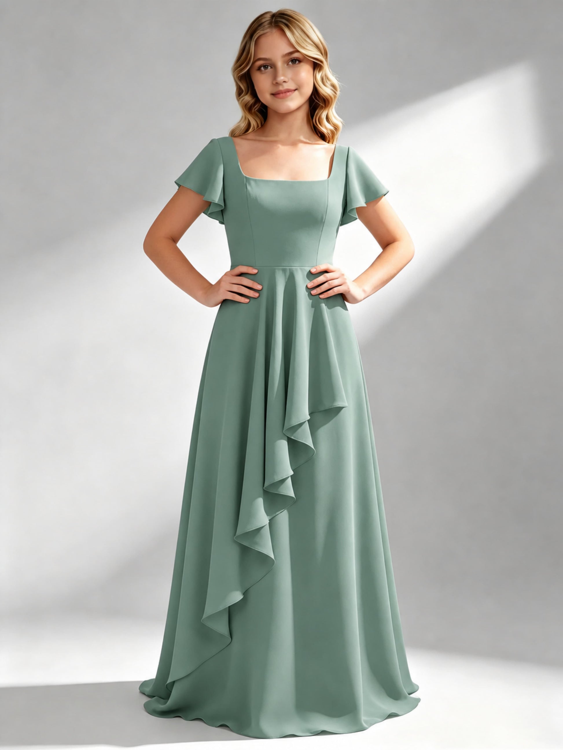 A-Line Square Neck Ruffle Junior Bridesmaid Dresses