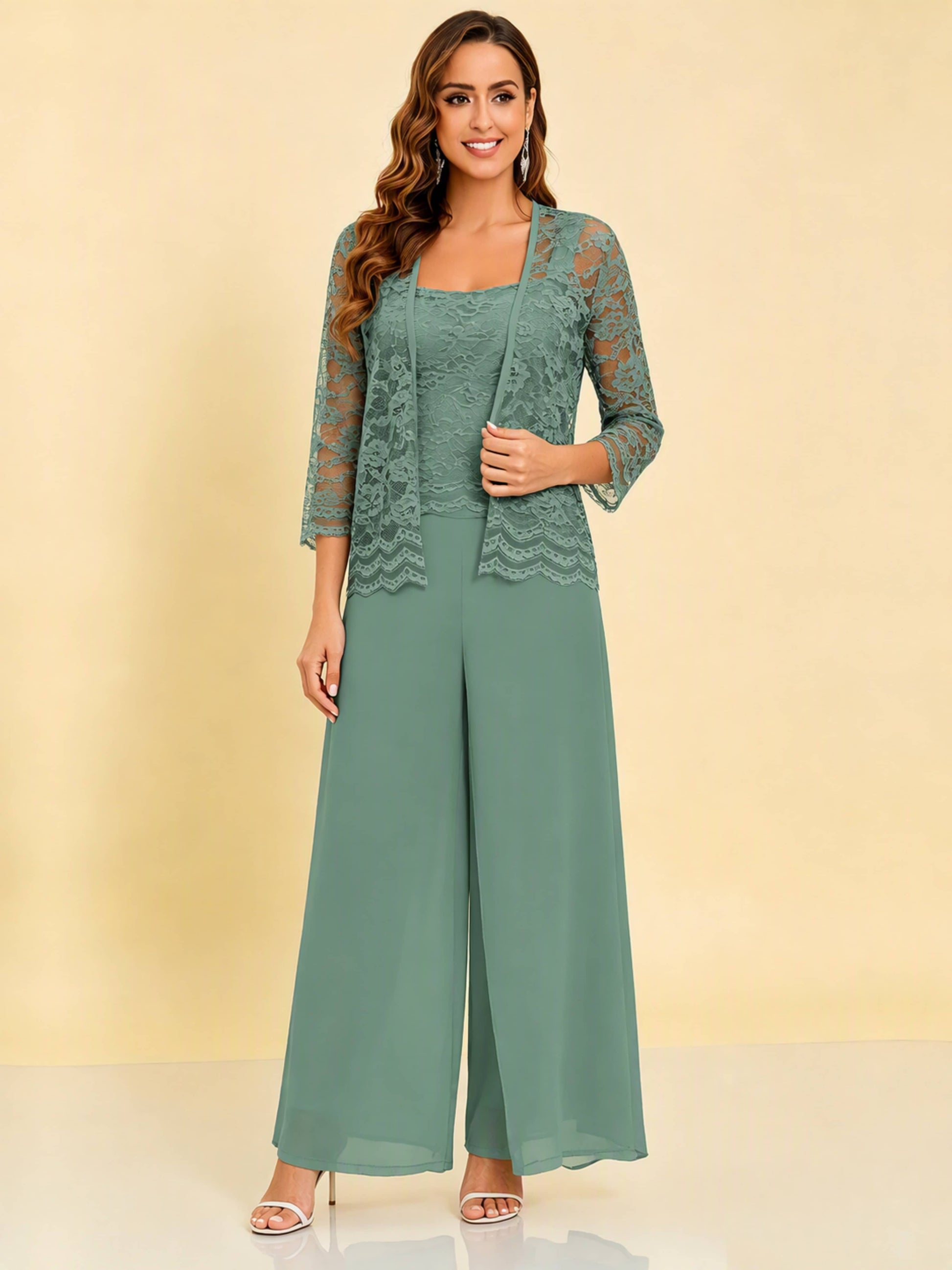 Chiffon Lace Flowy 3 Pieces Mother of The Bride Pant Suits Women Wedding