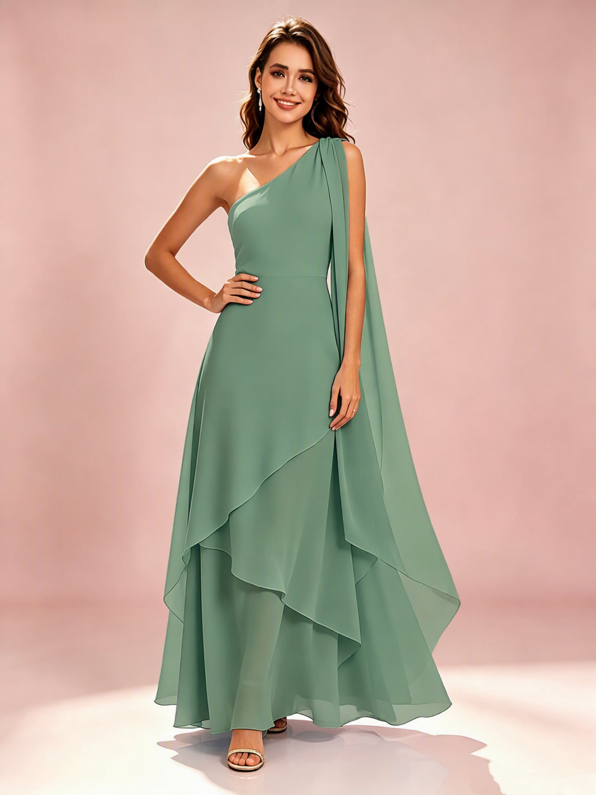 One Shoulder Chiffon Tiered Layered Bridesmaid Dresses for Wedding