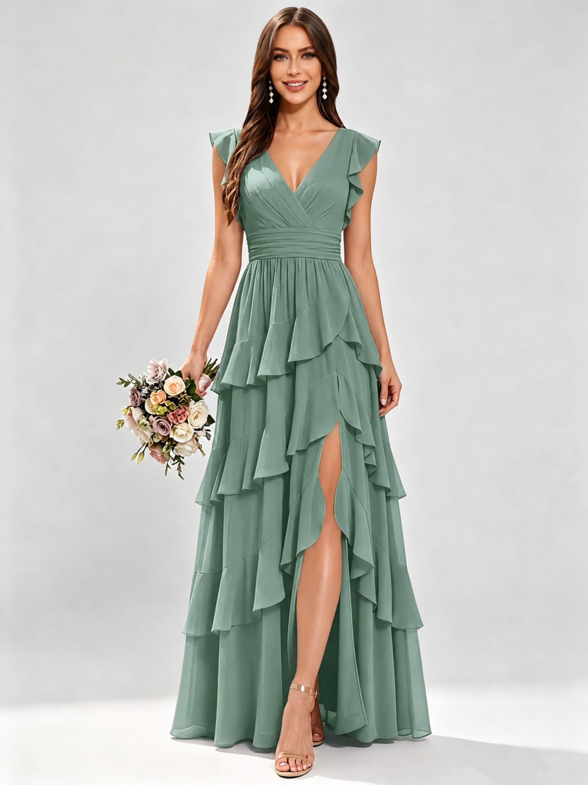 Ruffle Sleeve Tiered Chiffon Bridesmaid Dresses for Wedding with Slit