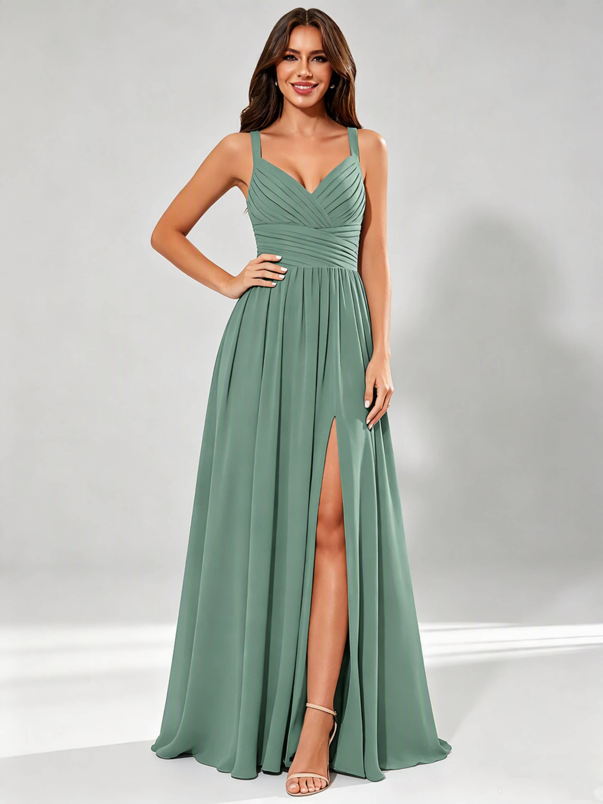 Spaghetti Straps Chiffon Ruched Bust Pleated Bridesmaid Dress for Wedding