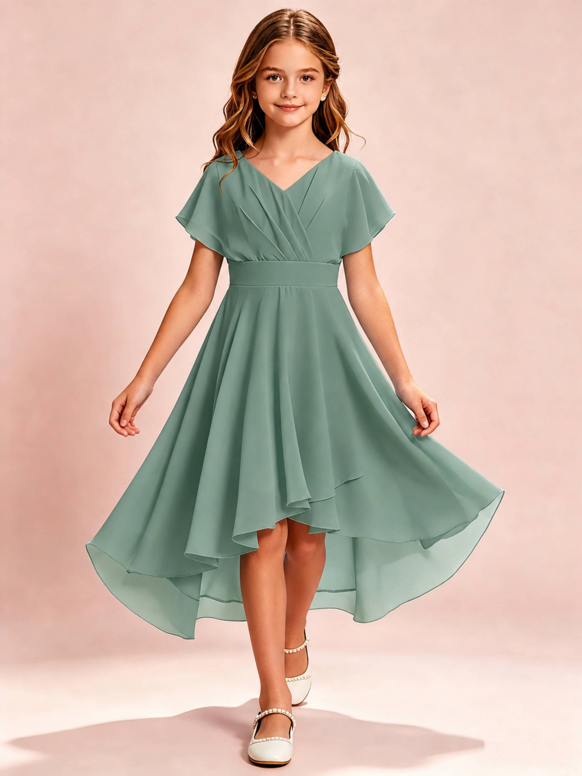 Chiffon High Low Cap Sleeve Junior Bridesmaid Dress for Wedding