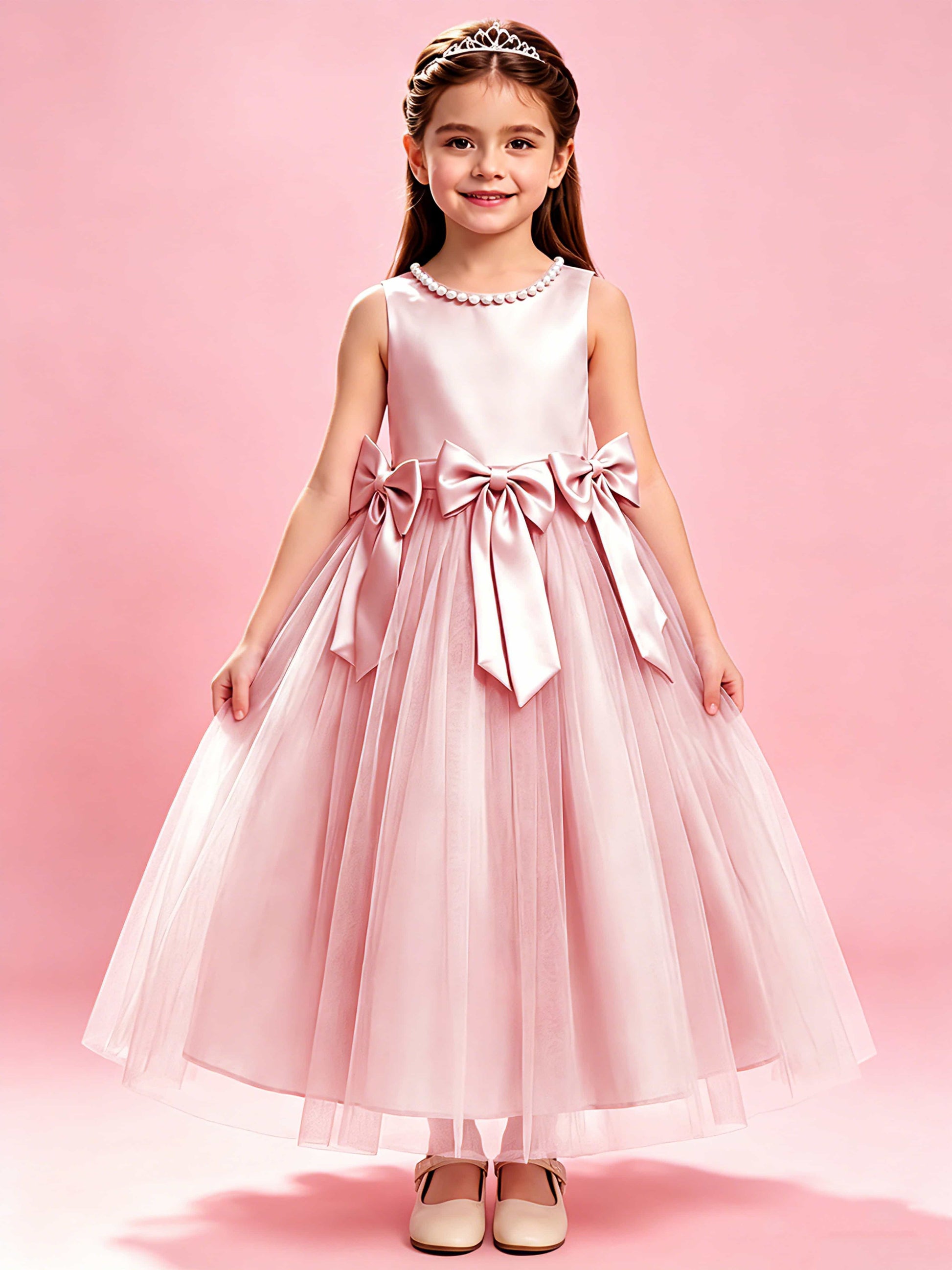 Satin Tulle Flower Girl Dress with Bow Princess Girls Pageant Gowns