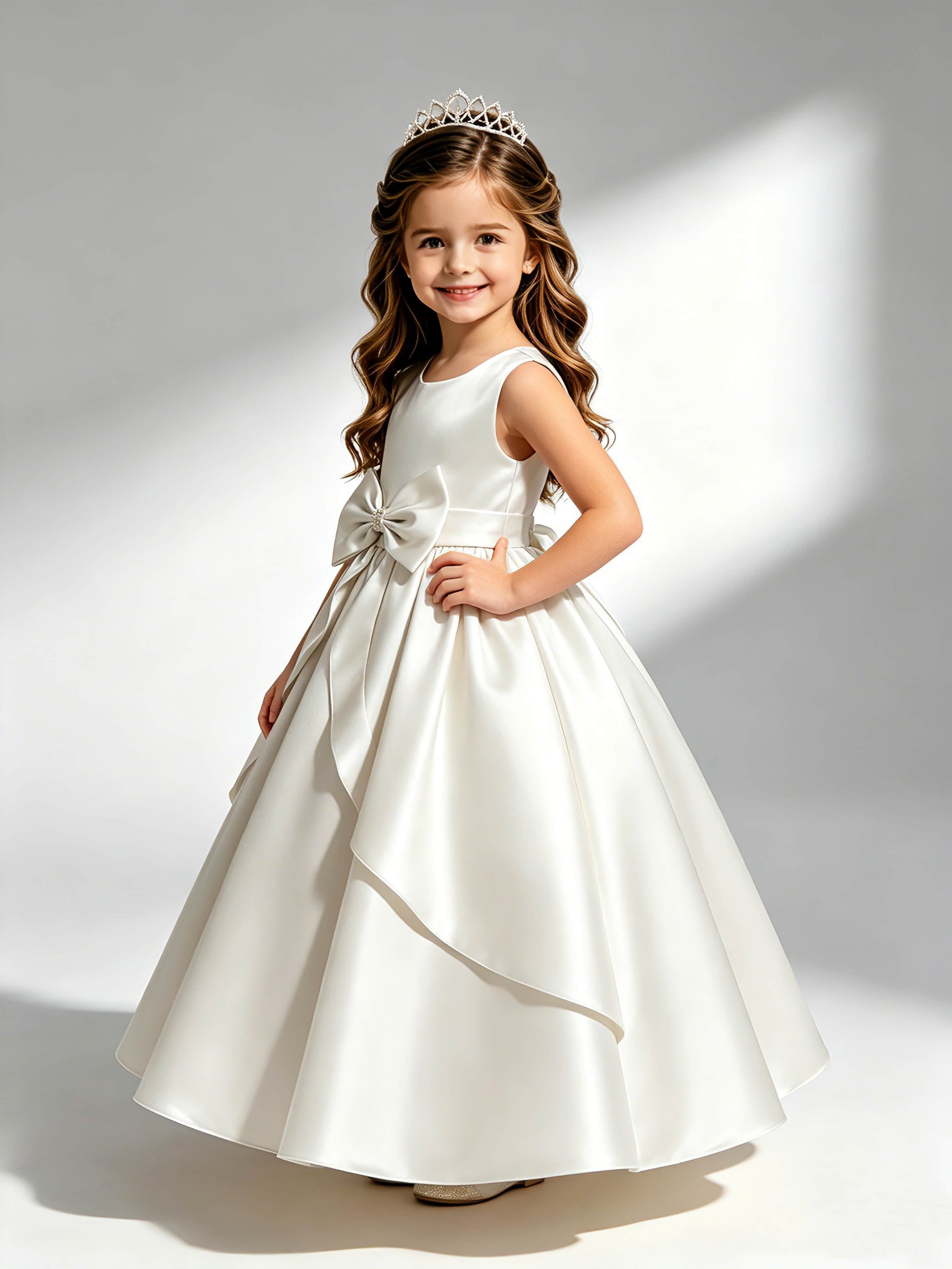 Satin Flower Girl Dress with Bow Princess Girls Pageant Gowns