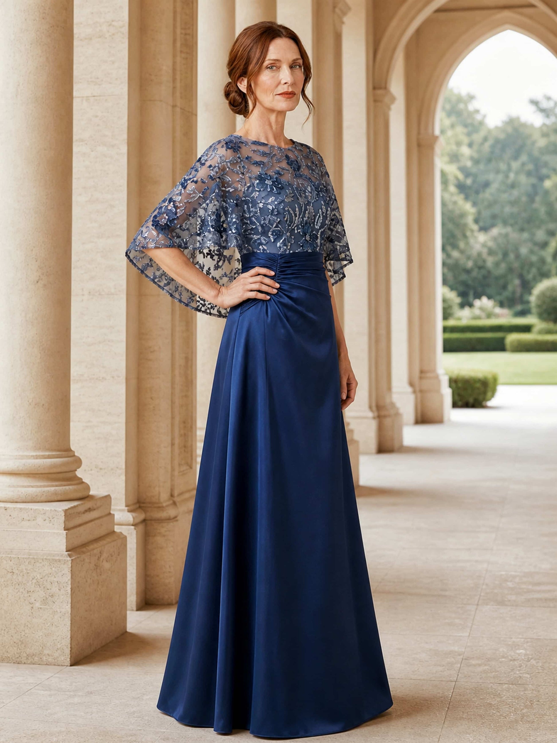 Sequin Satin Dressy Mother of The Bride Dress with Cape