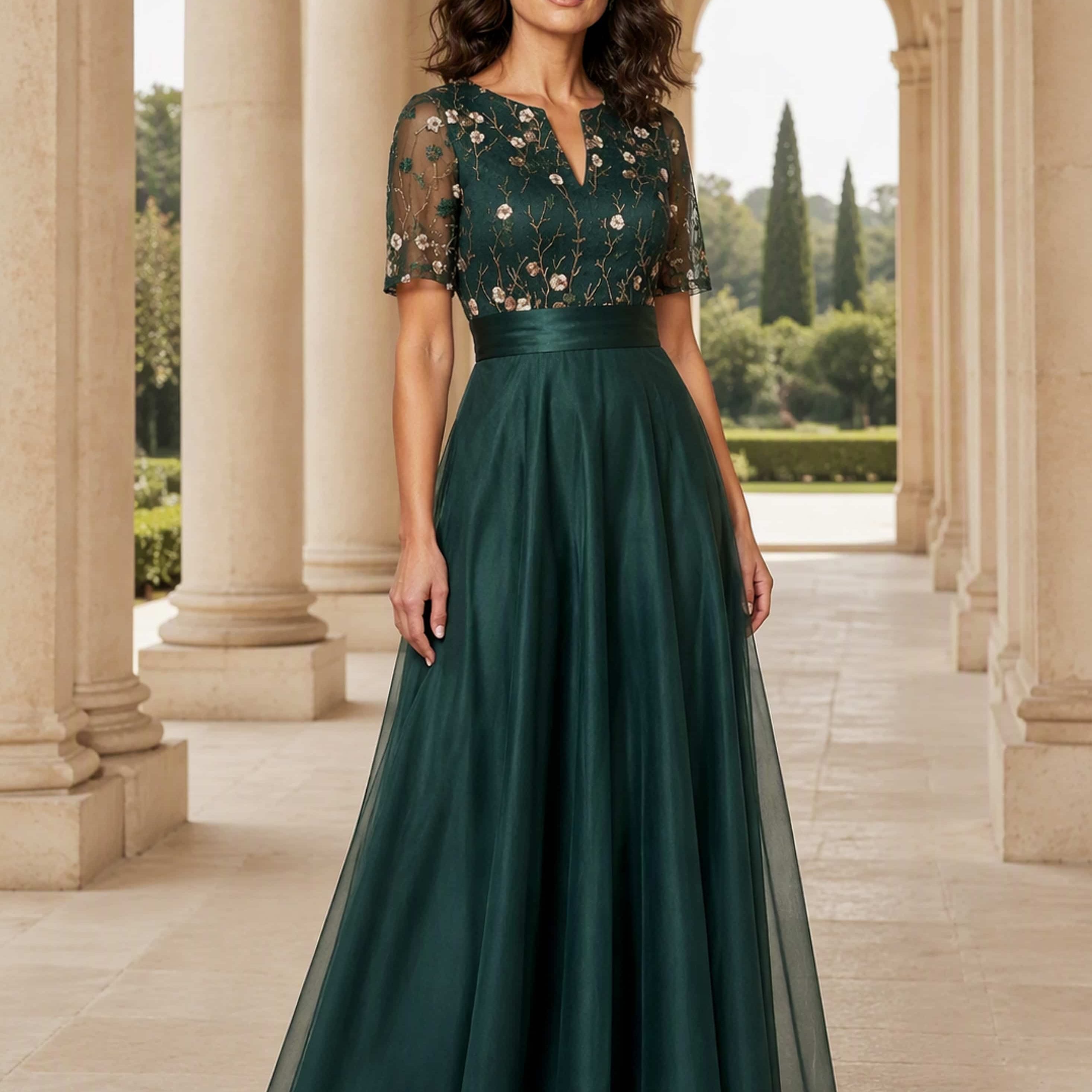 Short Sleeve Embroidery Tulle Puffy Mother of Groom/Bride Dress