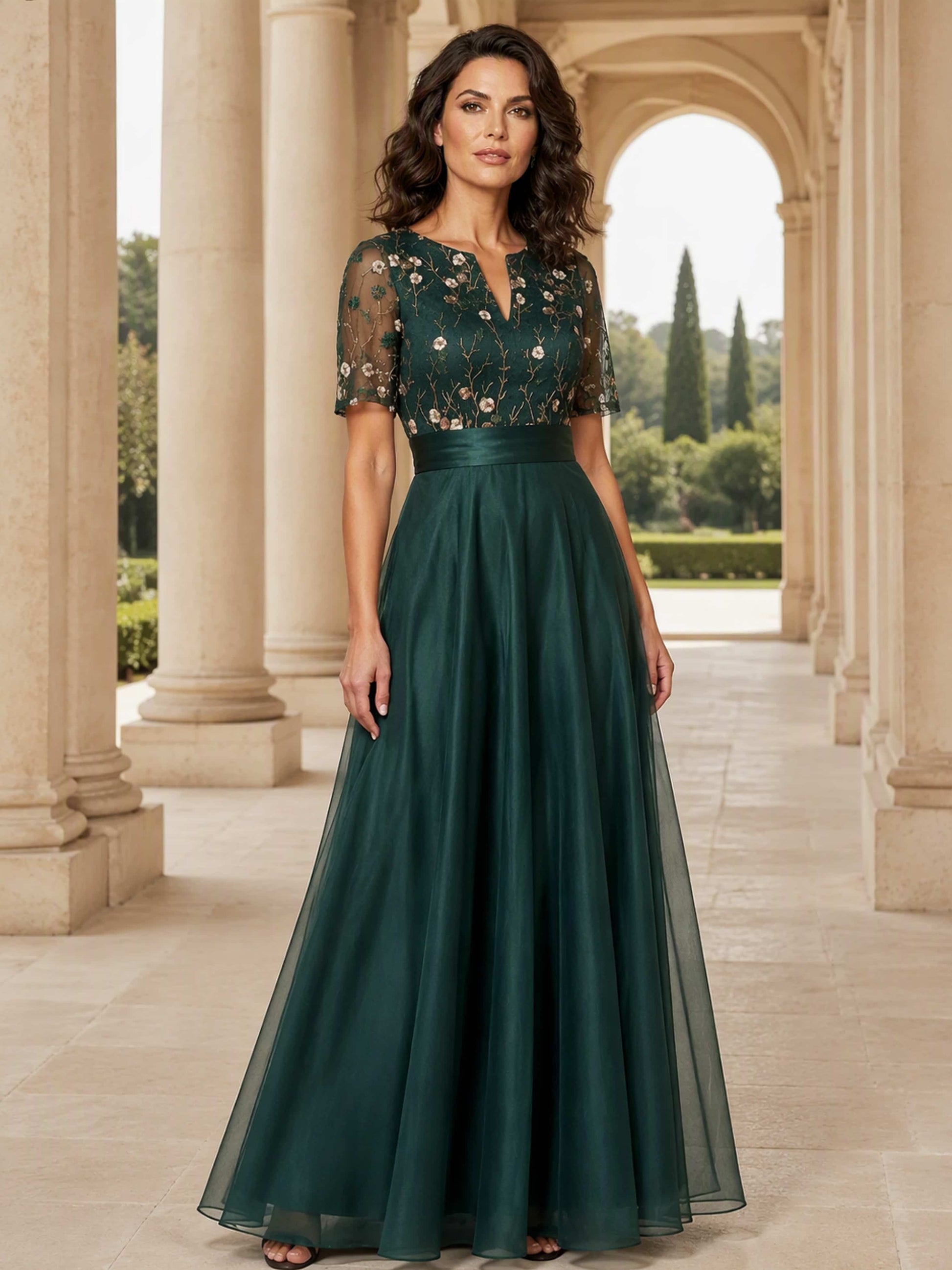 Short Sleeve Embroidery Tulle Puffy Mother of Groom/Bride Dress