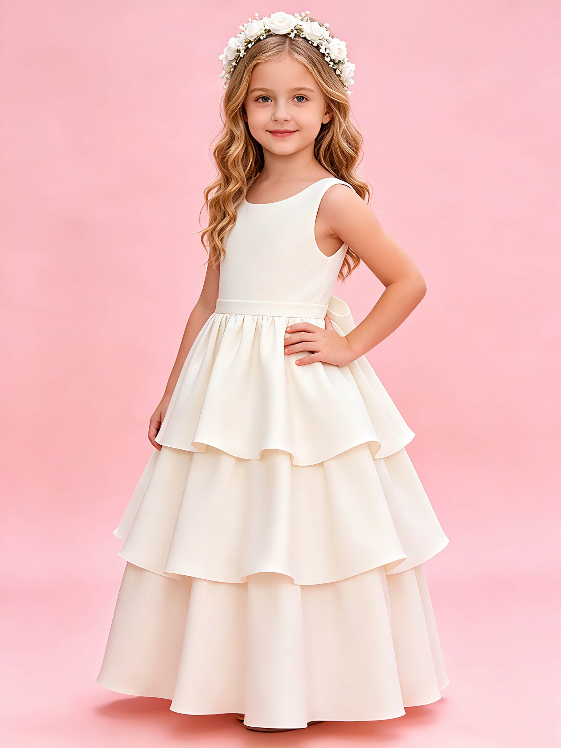Tiered Flower Girl Dress with Bow Princess Girls Pageant Gowns