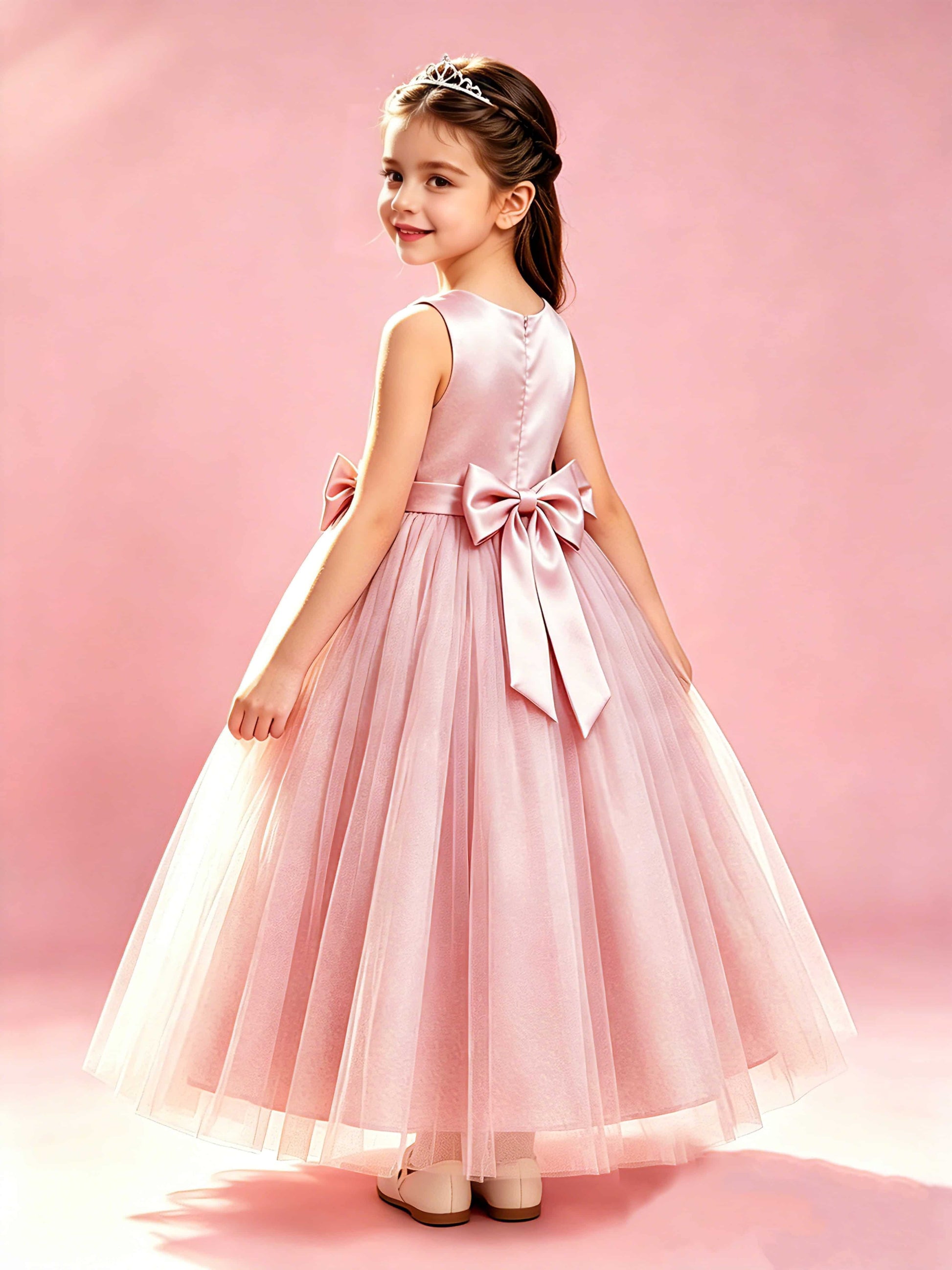 Satin Tulle Flower Girl Dress with Bow Princess Girls Pageant Gowns