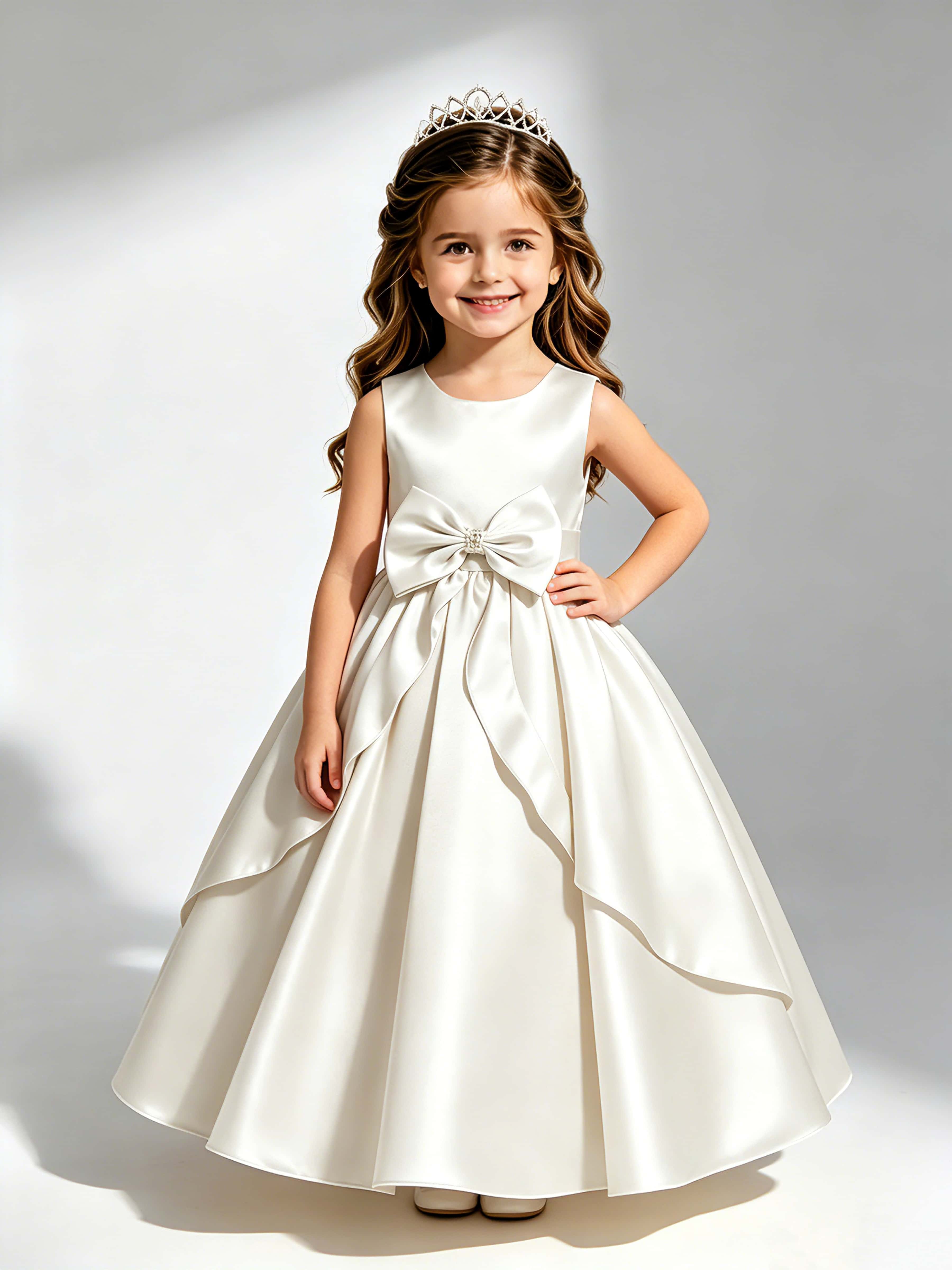 Satin Flower Girl Dress with Bow Princess Girls Pageant Gowns