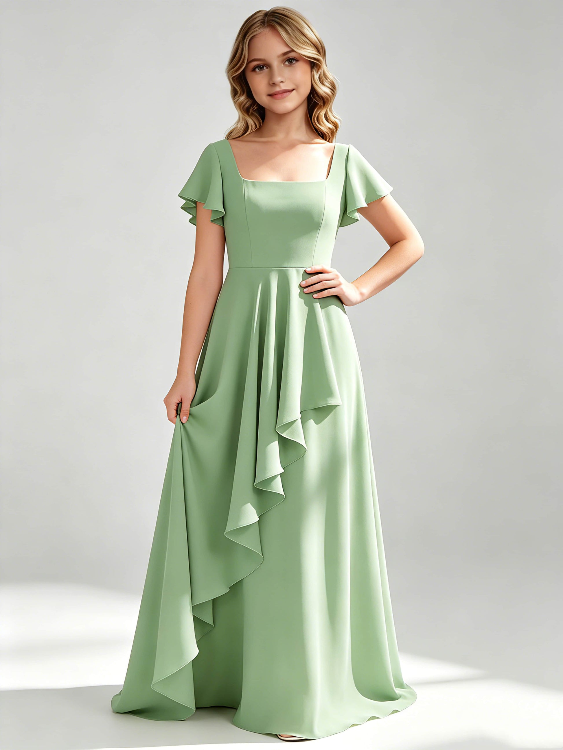 A-Line Square Neck Ruffle Junior Bridesmaid Dresses