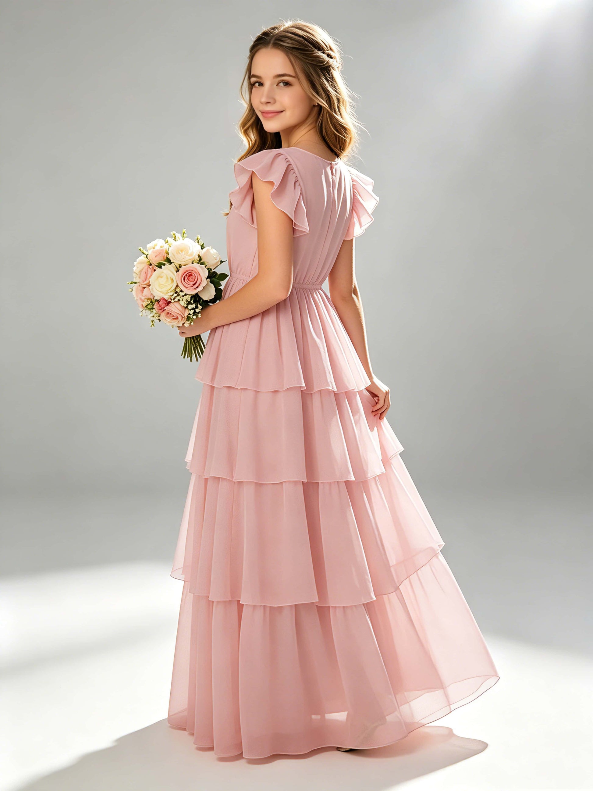 Chiffon Tiered Pleated Long Junior Bridesmaid Dresses
