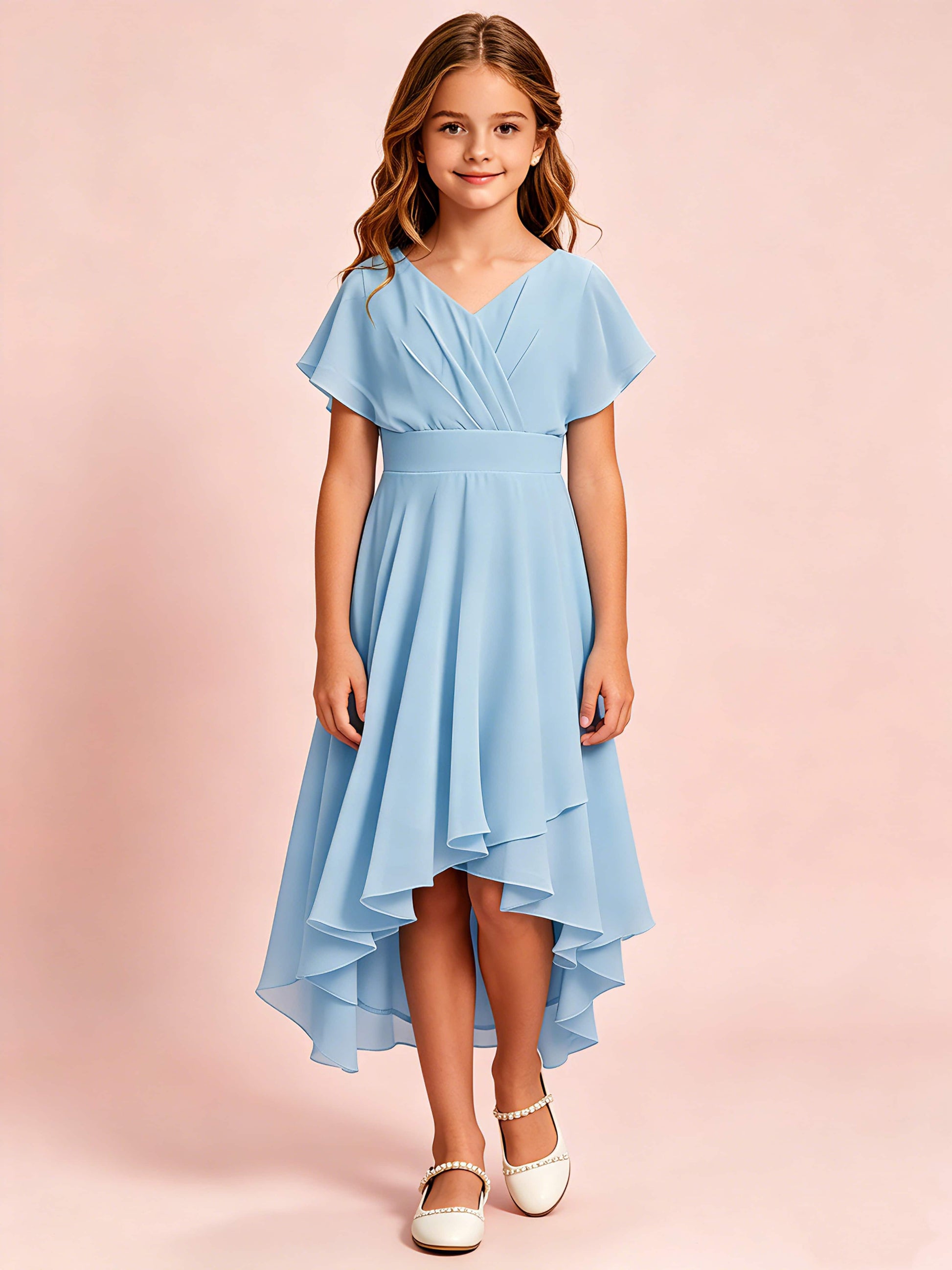 Chiffon High Low Cap Sleeve Junior Bridesmaid Dress for Wedding