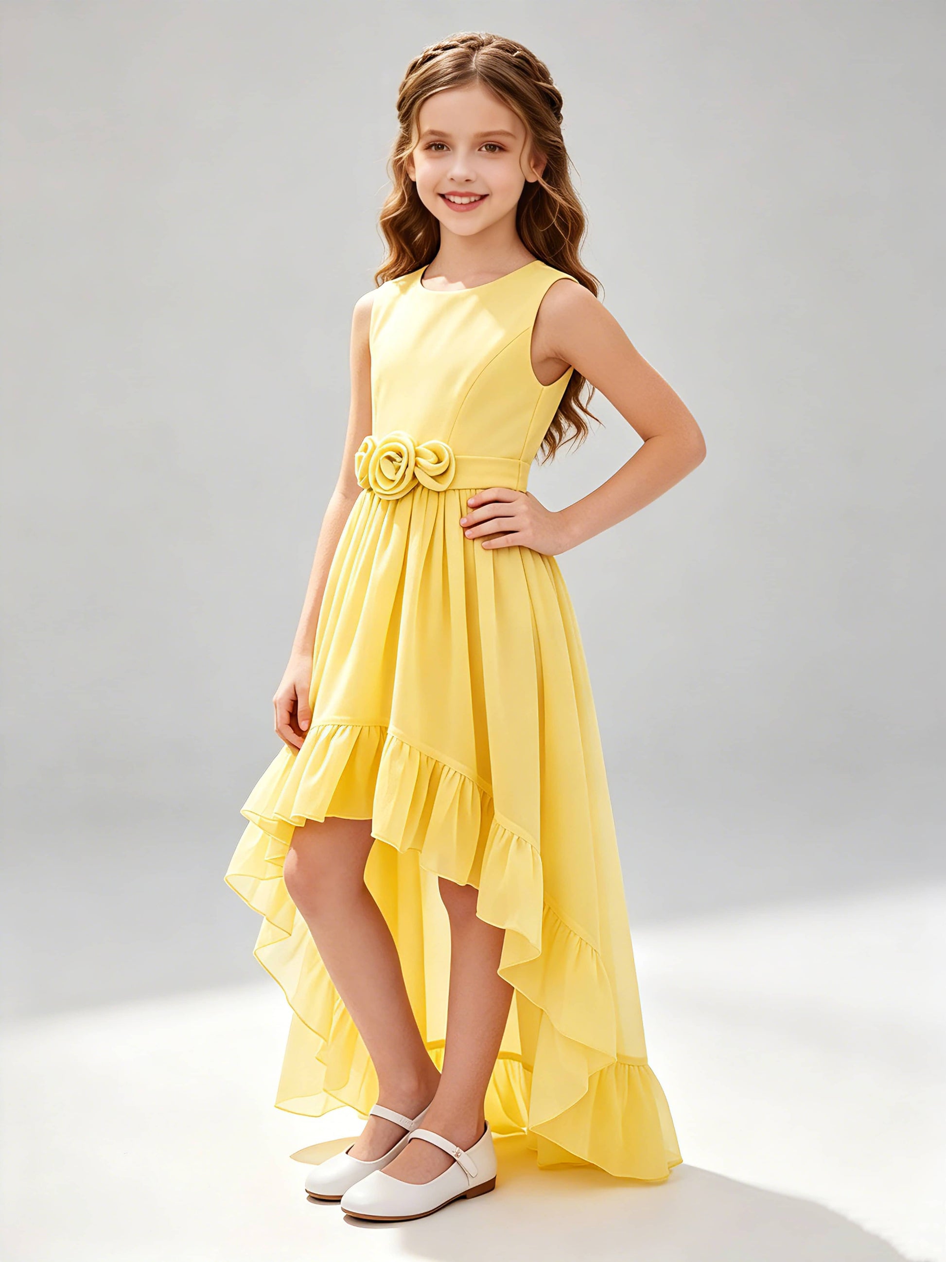 Chiffon 3D Flower High Low Junior Bridesmaid Dresses