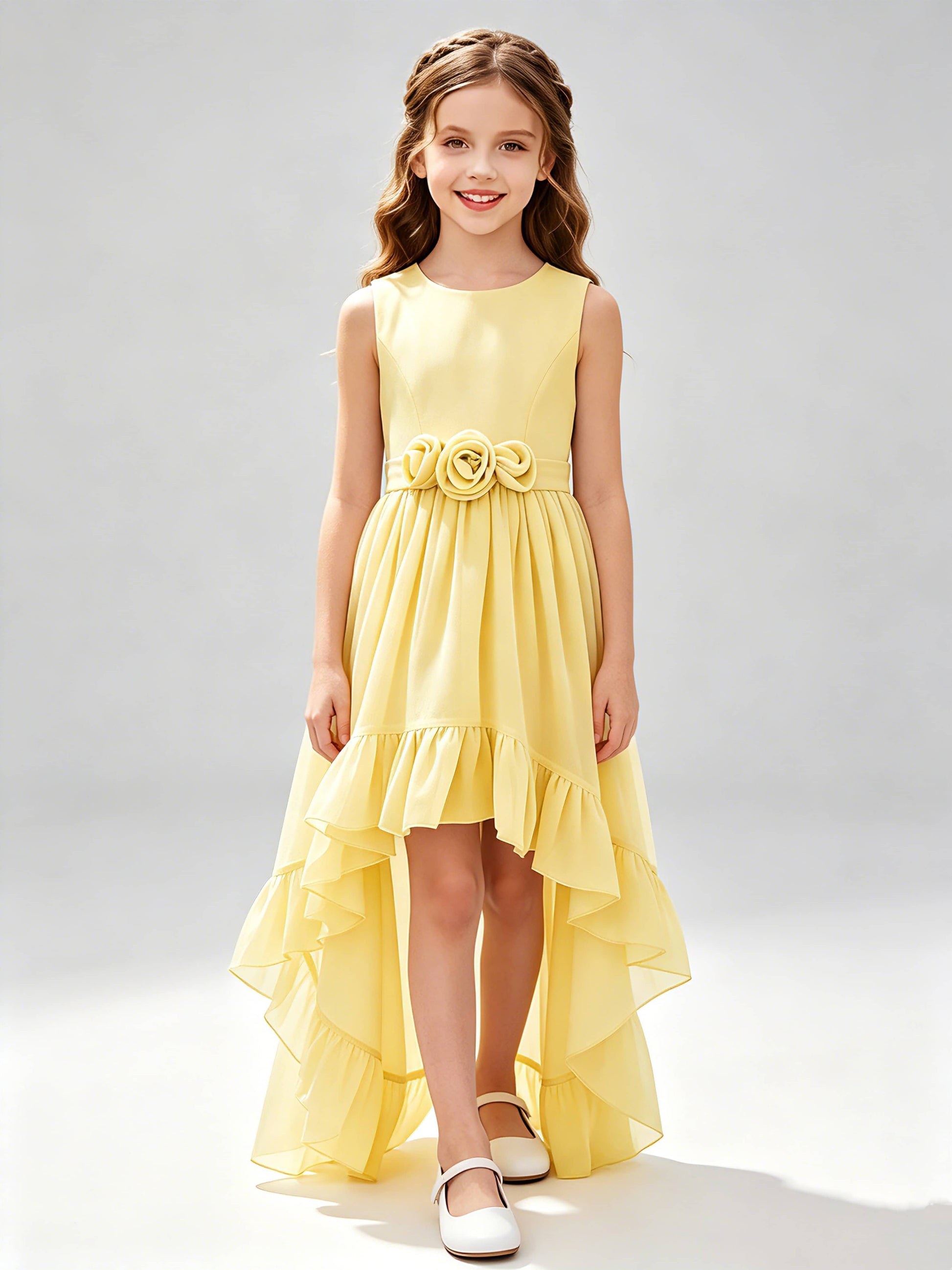 Chiffon 3D Flower High Low Junior Bridesmaid Dresses