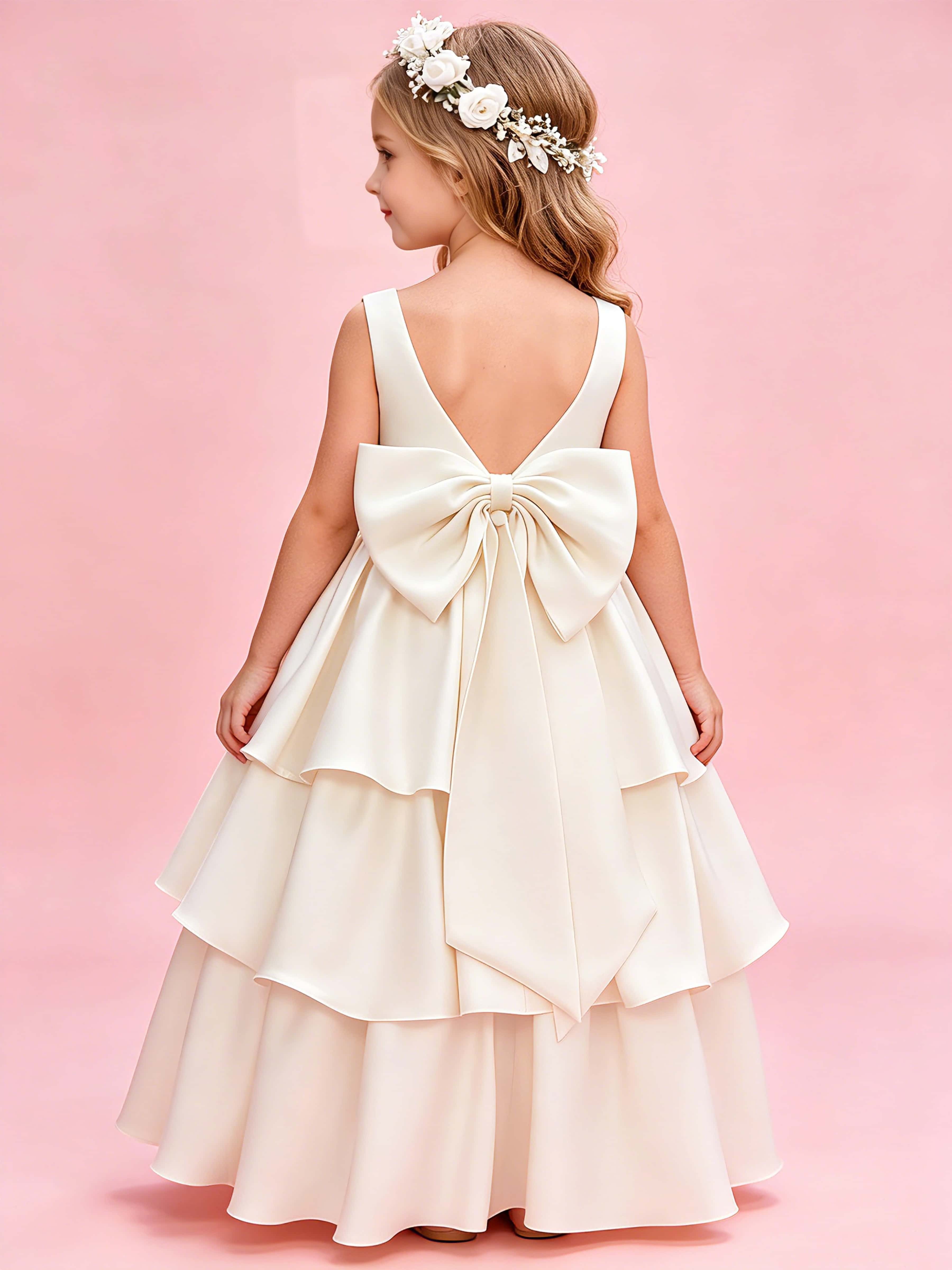 Tiered Flower Girl Dress with Bow Princess Girls Pageant Gowns