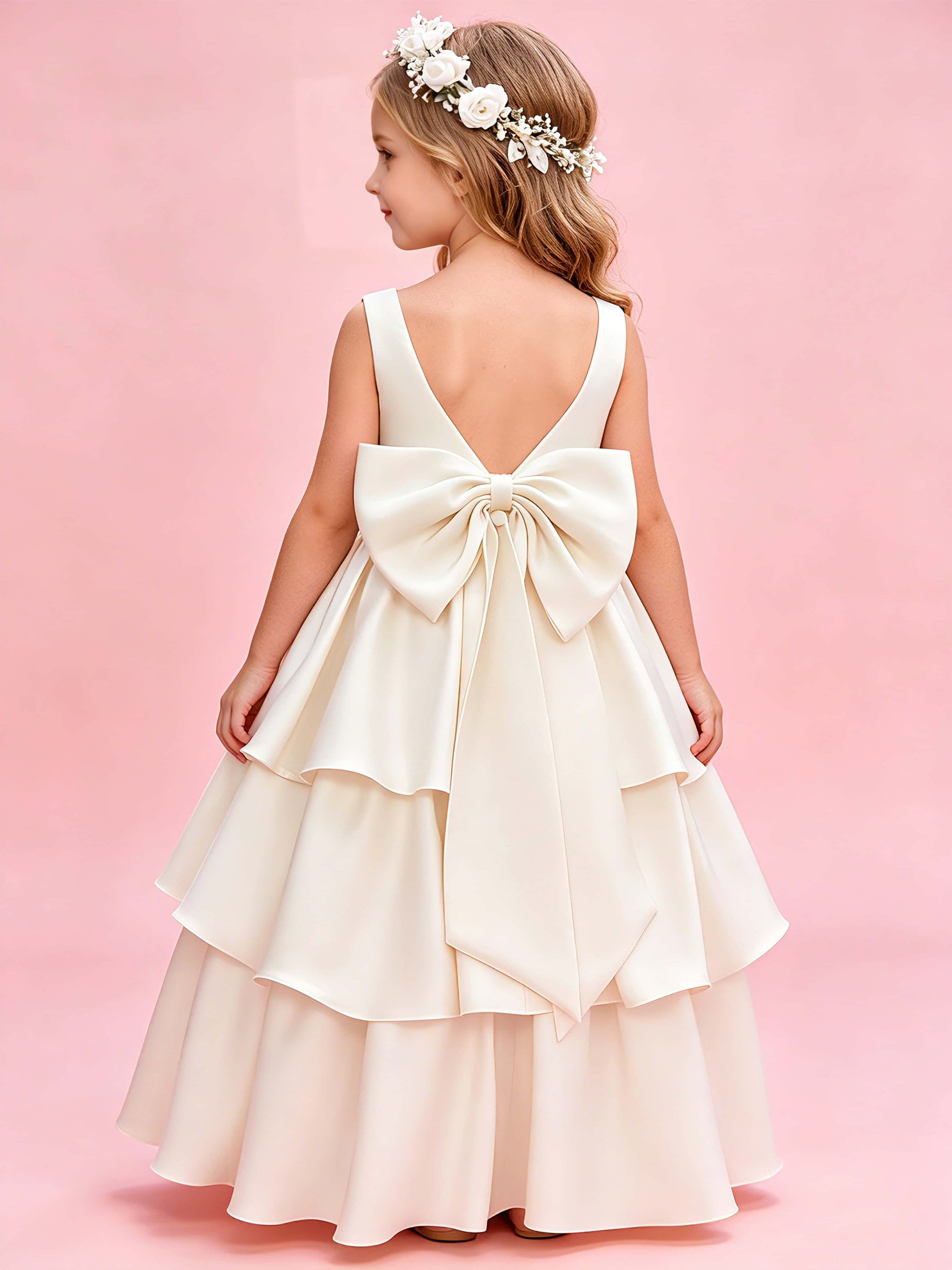 Tiered Flower Girl Dress with Bow Princess Girls Pageant Gowns